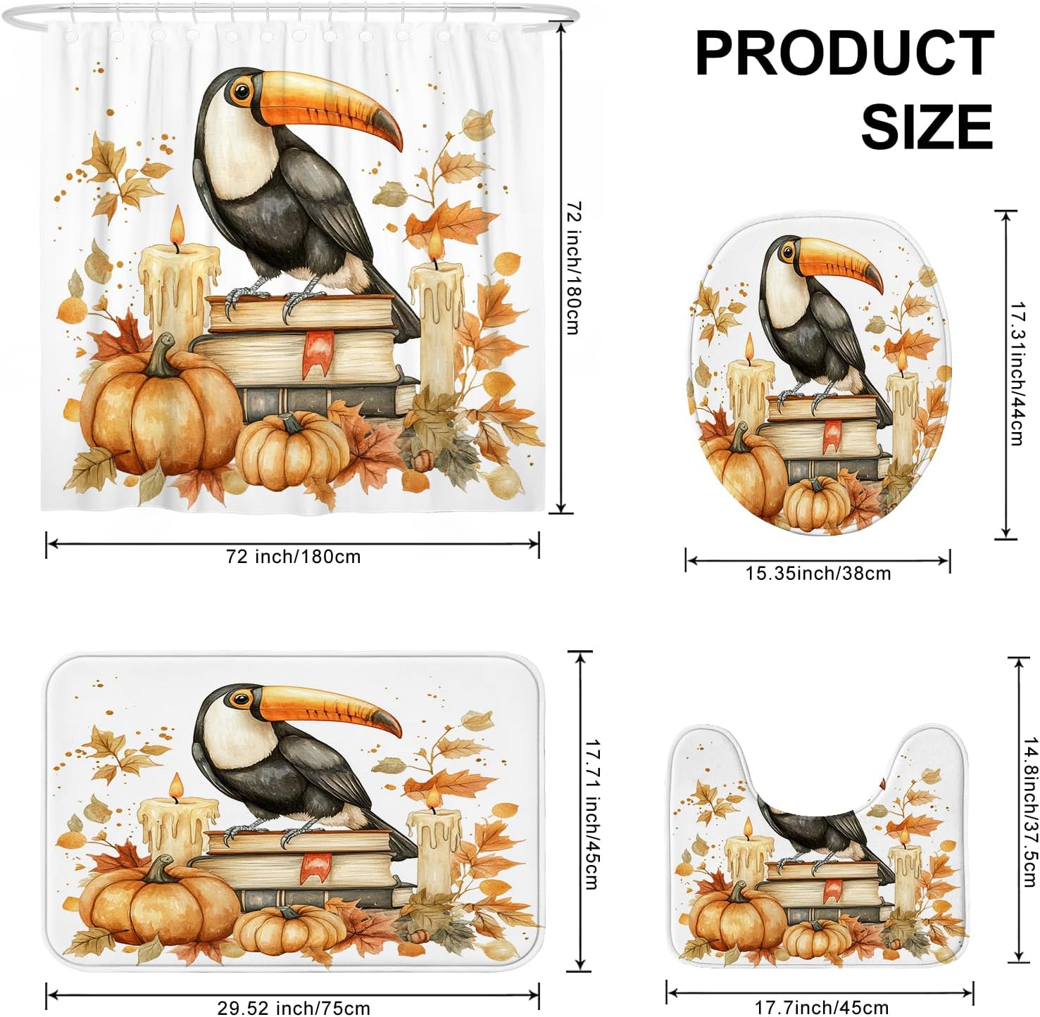 DESIHOM 4PCS Fall Toucan Bird Shower Curtain Set with Non-Slip Rug and Hooks