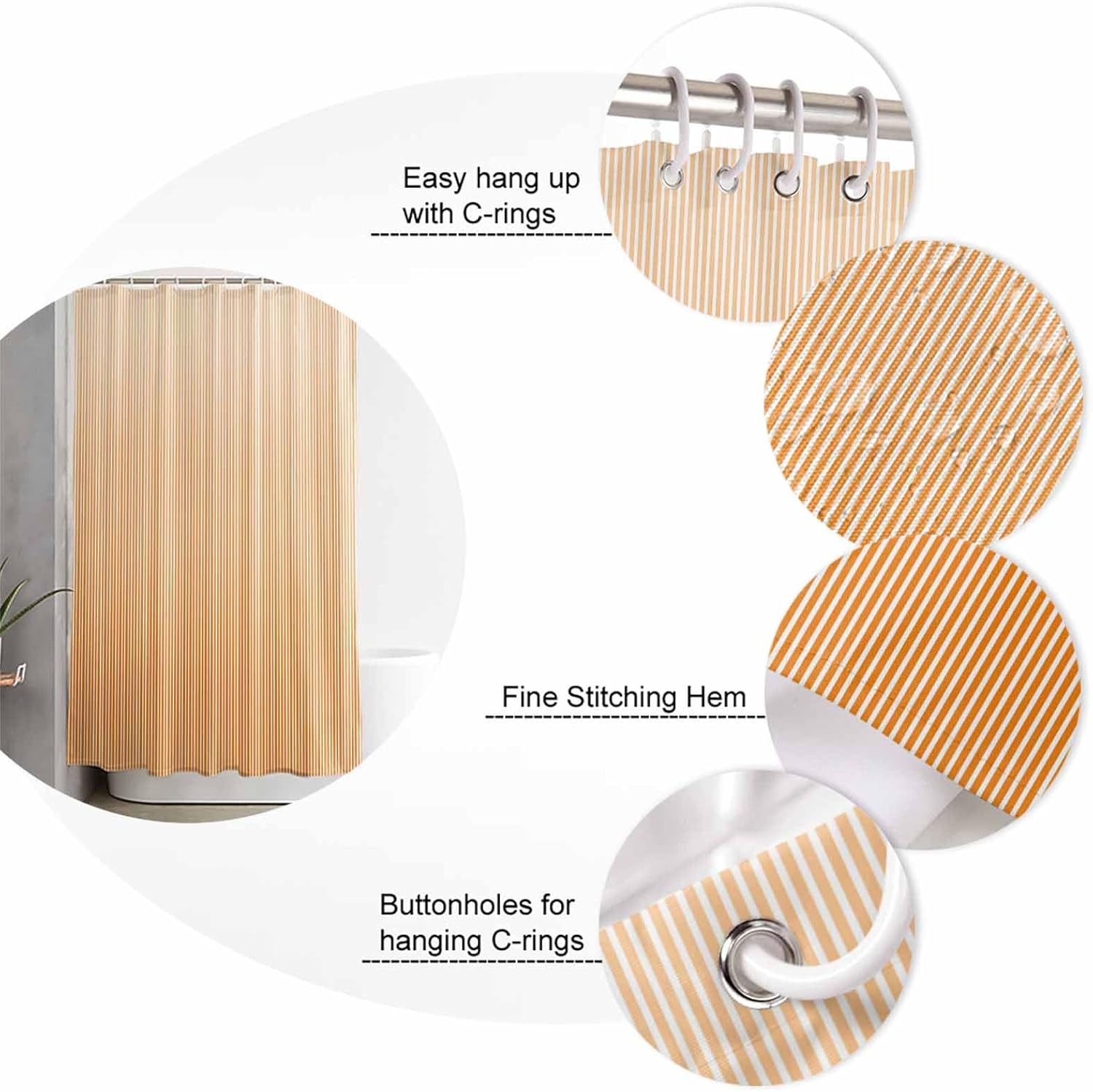 Gradient Orange Stripes 4 Pcs Shower Curtain Set with Non-Slip Mats and Rugs