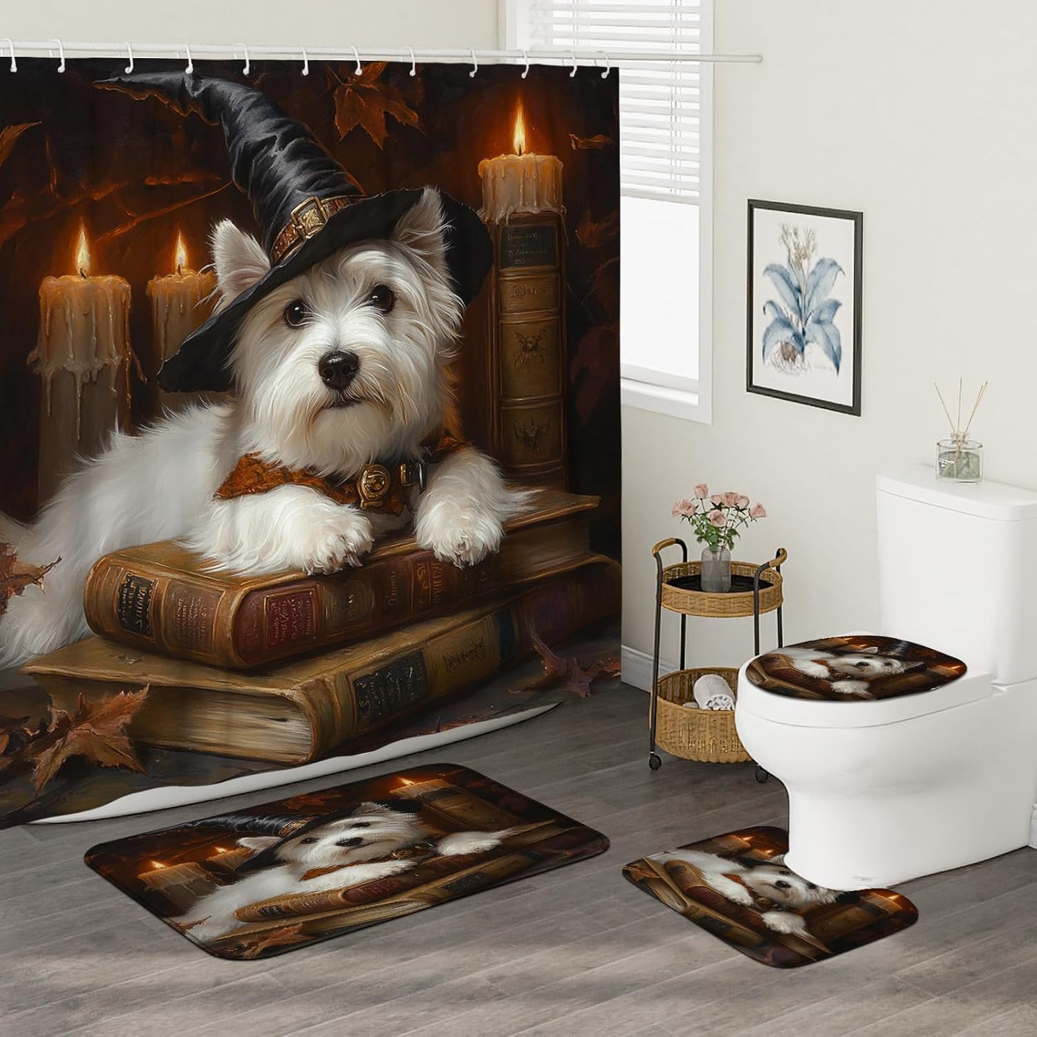 4PCS Halloween Witch Dog Bathroom Set with Non-Slip Rug and U Shape Toilet Lid Cover Mat