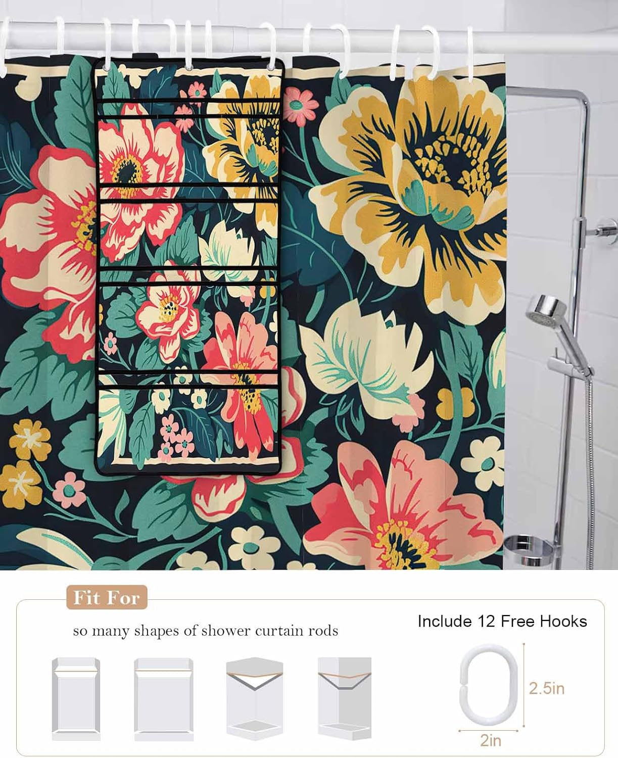 ZFUNCING Garden Watercolor Floral Shower Curtain with Hooks Organizer Set