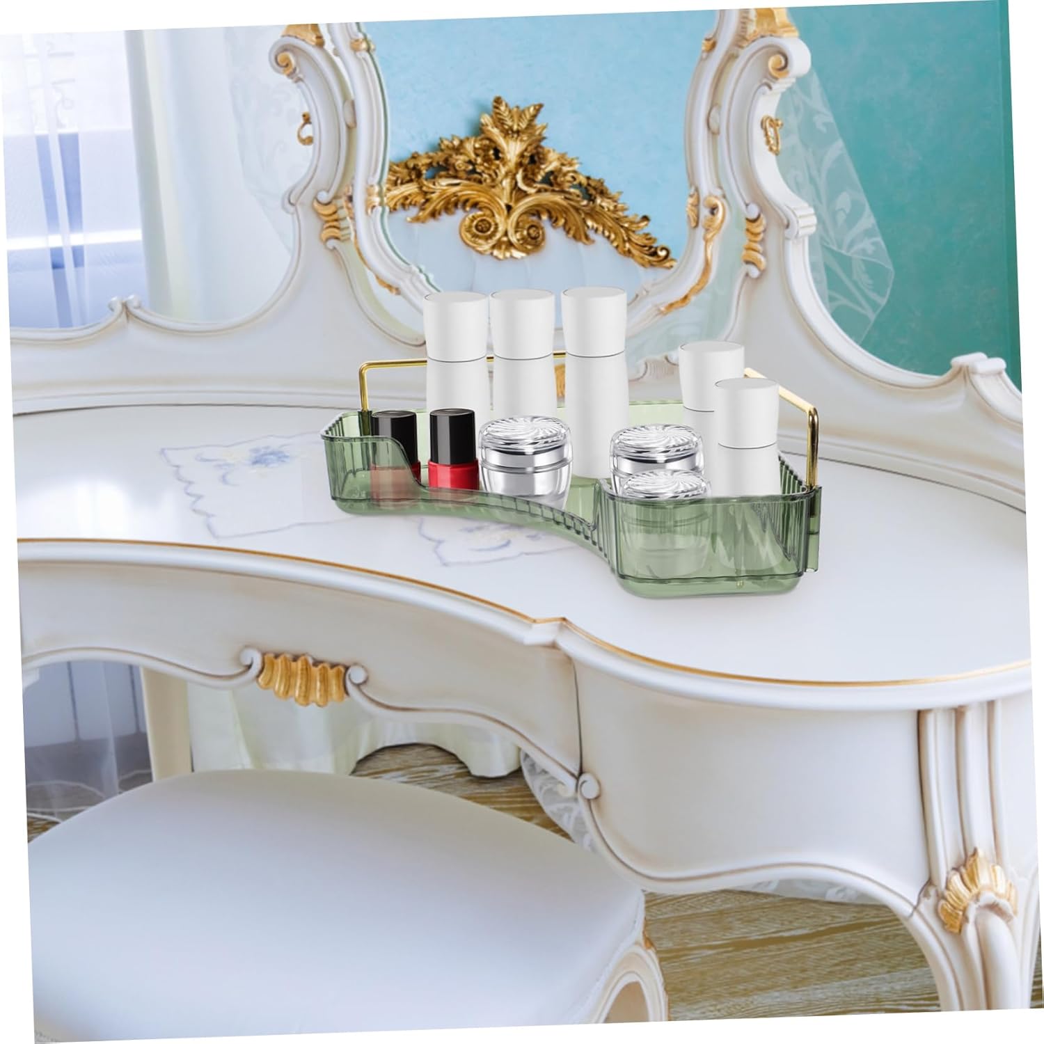 Triangular Makeup Organizer Shelf Corner Storage for Bathroom Vanity Single Layer Green
