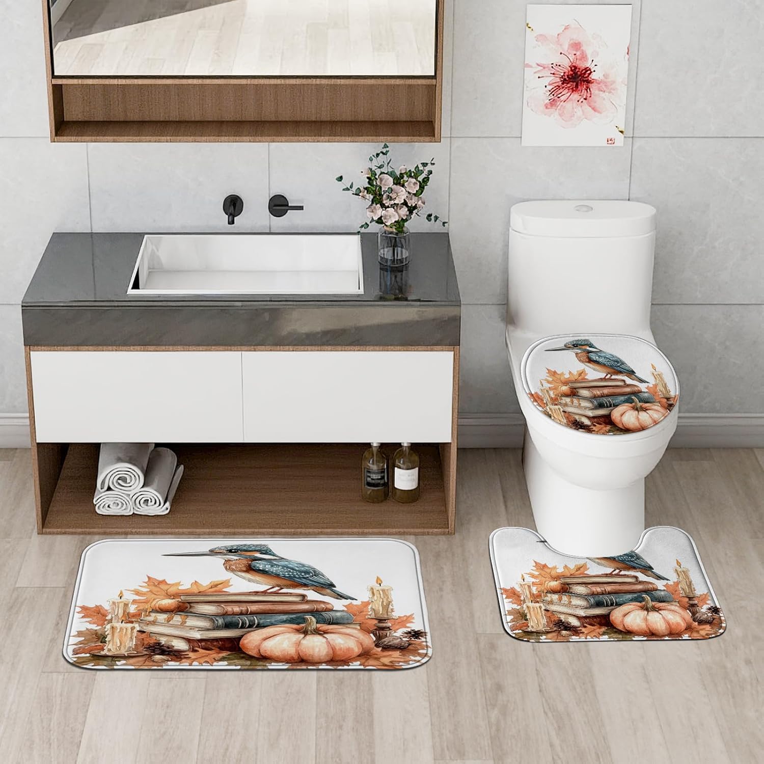DESIHOM 4PCS Fall Kingfishers Bird Shower Curtain Set with Non-Slip Rug and 12 Hooks