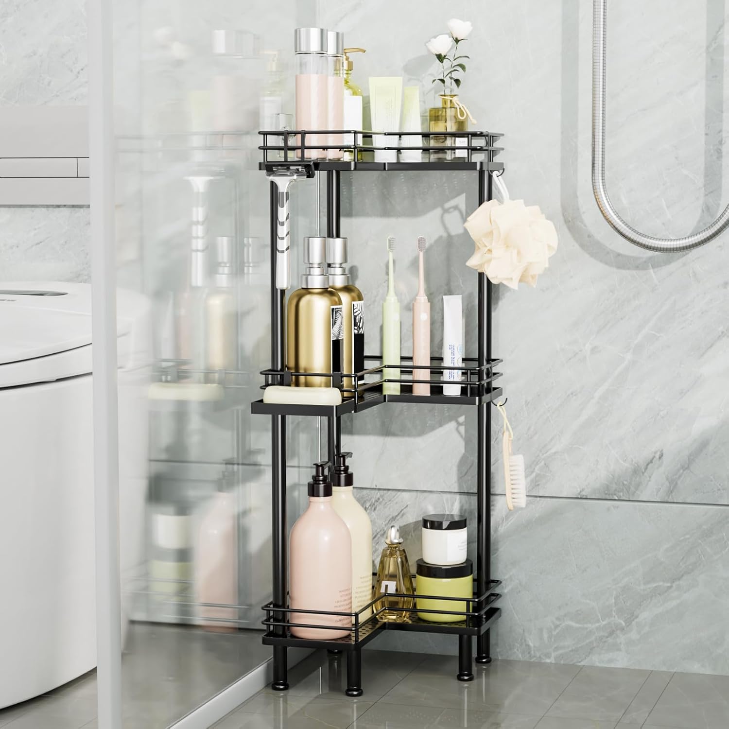 Consumest Corner Shower Caddy 3-Tier Stainless Steel Organizer with Hooks and Soap Holder