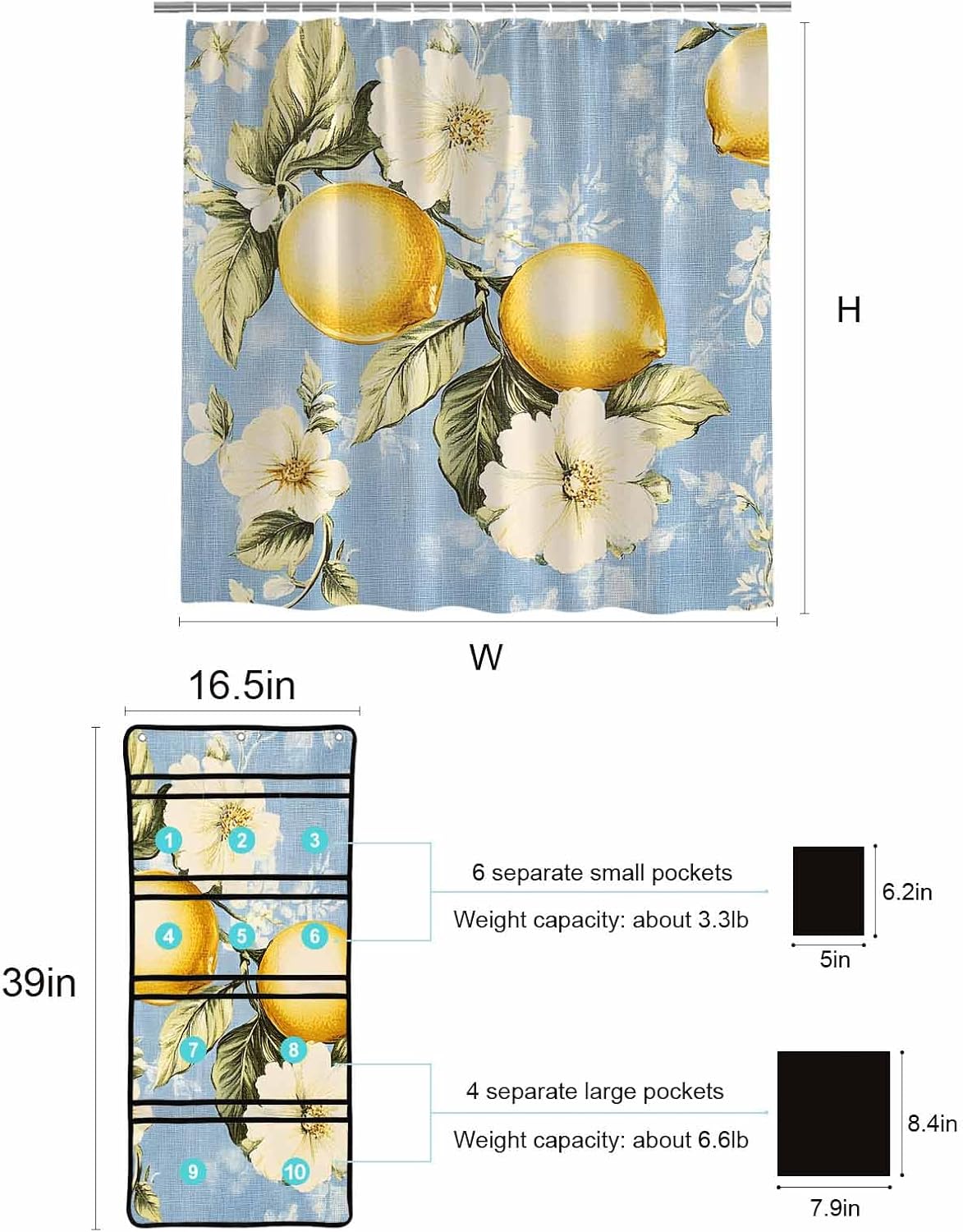 Watercolor Lemon Flower Leaf Shower Curtain Set with 10 Pockets