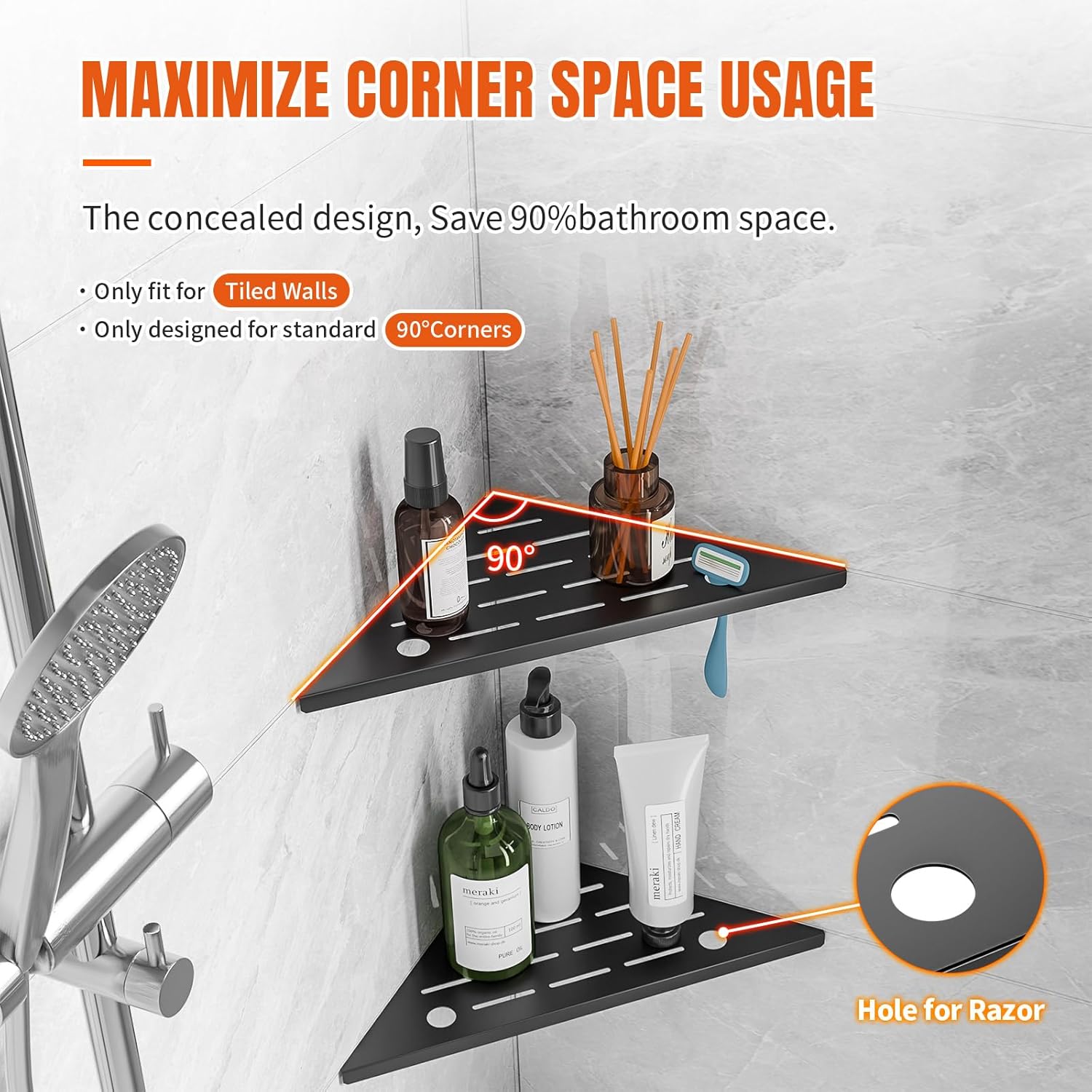 HBXS 10 Inch Black Shower Corner Shelf with Razor Hole 2-Pack