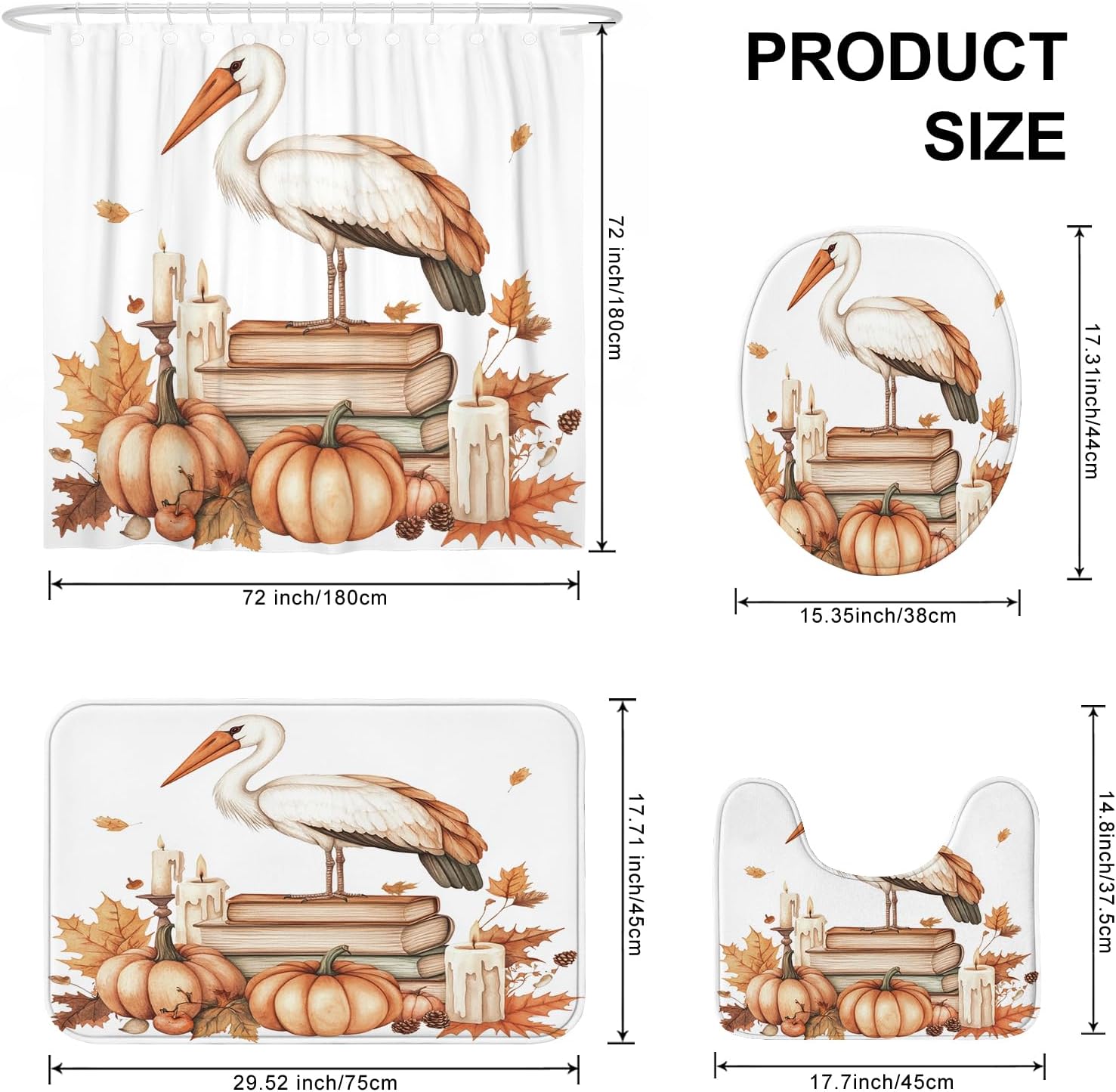DESIHOM 4PCS Fall Storks Bird Shower Curtain Set with Hooks Non-Slip Rug U Shape Toilet Lid Cover Mat