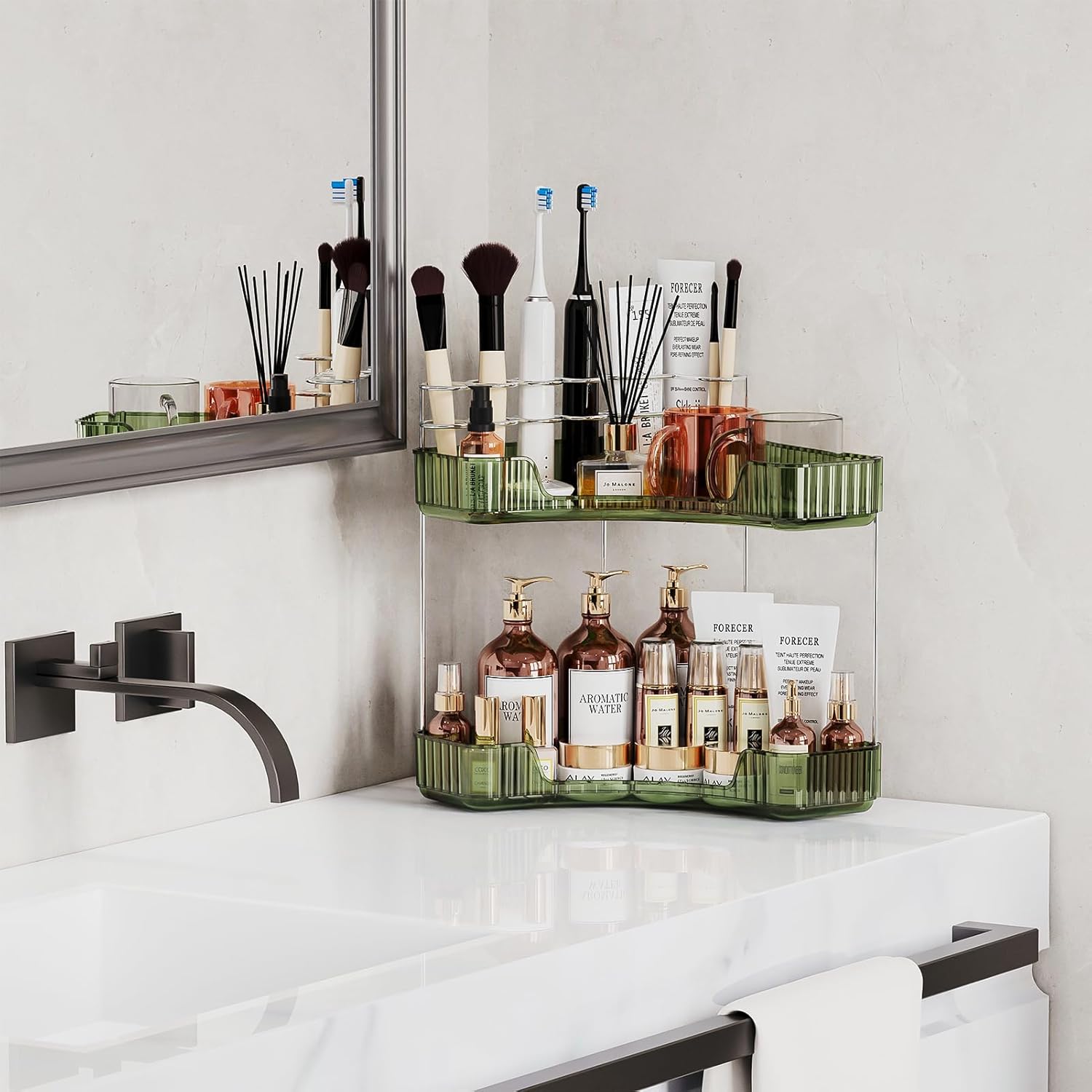 2-Tier Corner Bathroom Organizer with Brush Holder and Toothbrush Racks