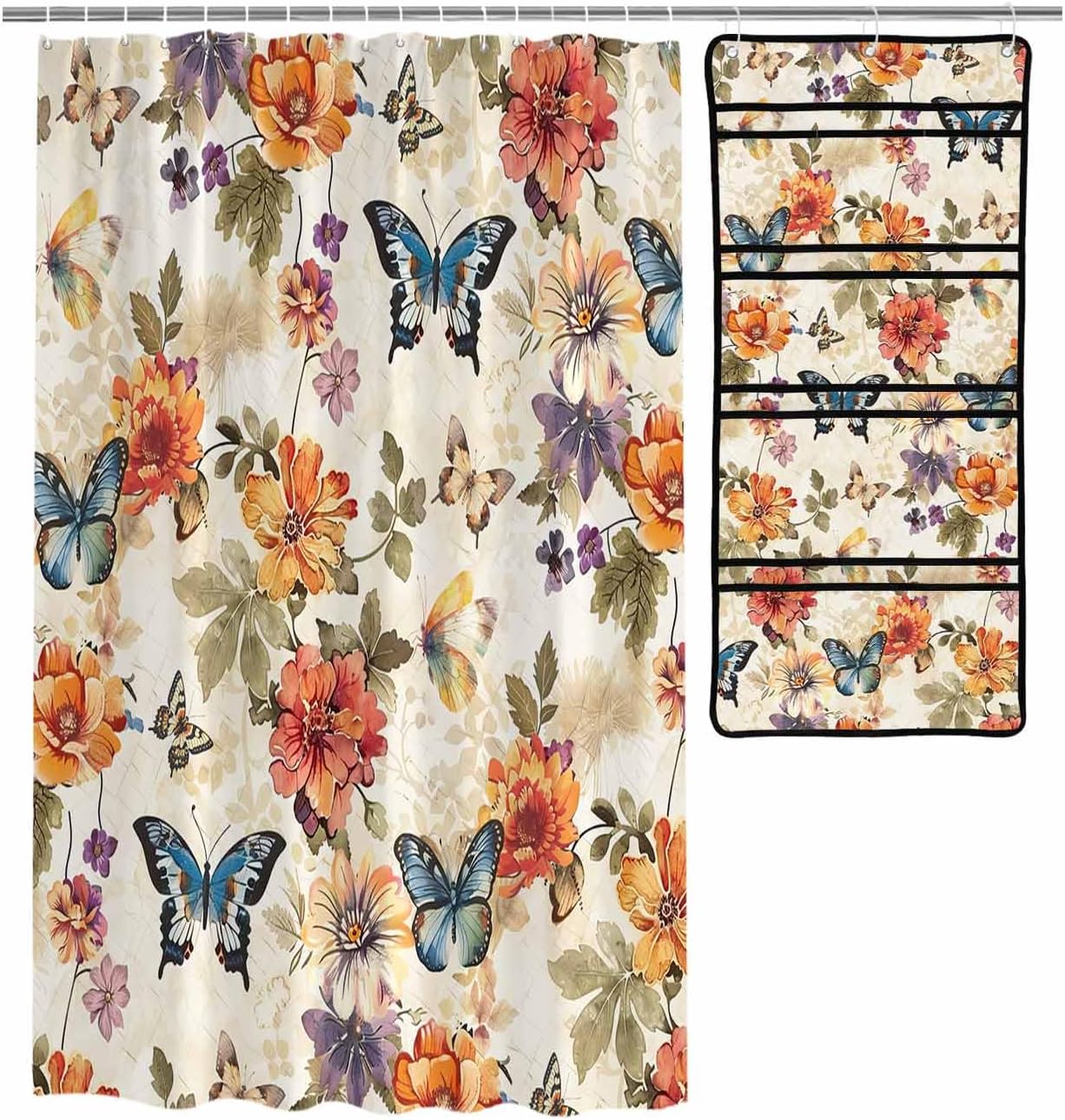 Colorful Floral Leaf Shower Curtain Set with 10 Pockets