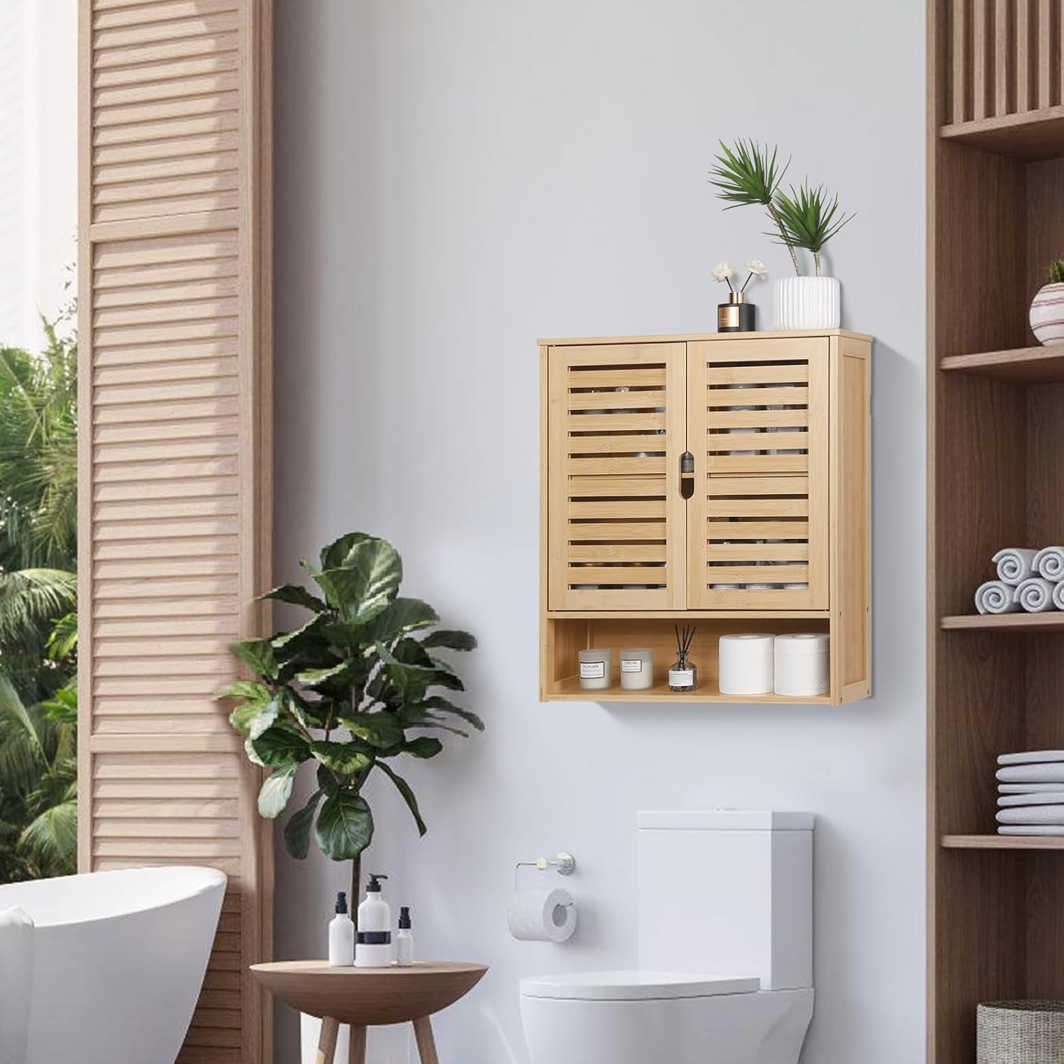 HYNAWIN 2-Tier Bamboo Medicine Cabinet with Adjustable Shelves for Bathroom Kitchen and Living Room