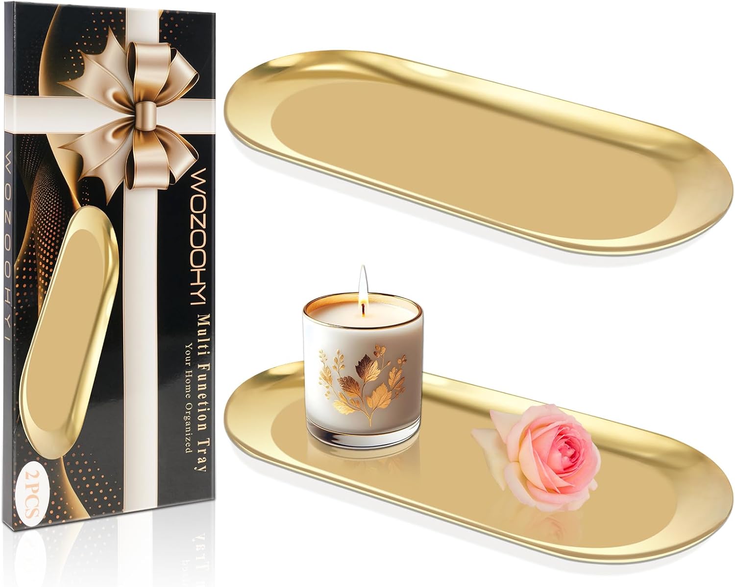 Wozoohyi Gold Decorative Tray 2 Pack Stainless Steel Vanity Tray for Bathroom Jewelry Storage