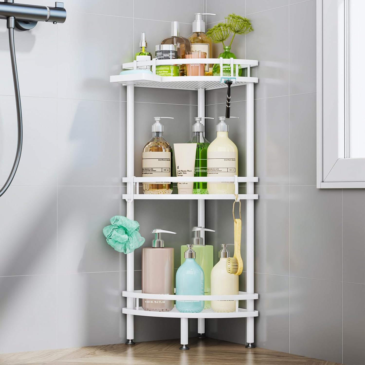 HapiRm 3 Tier Corner Shower Organizer with 4 Hooks and Soap Holder
