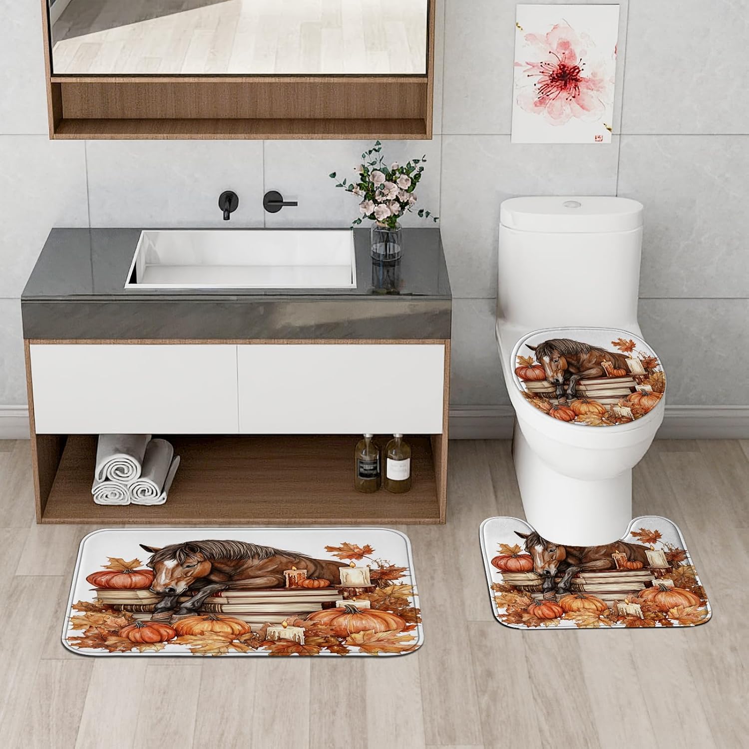 DESIHOM 4PCS Fall Horses Shower Curtain Set with Non-Slip Rug and Toilet Lid Cover Mat