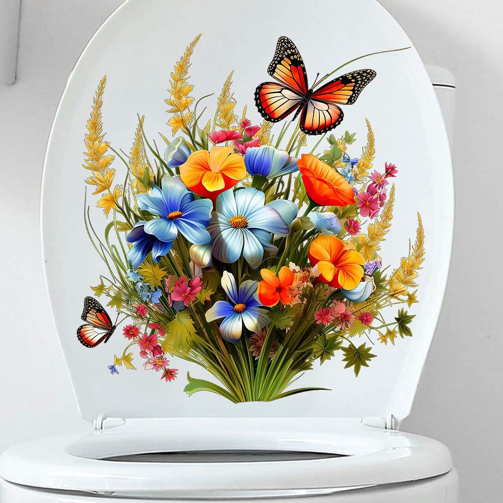 Toilet Stickers Bathroom Wall Decor Flowers Green Plant Butterflies Vinyl Decals