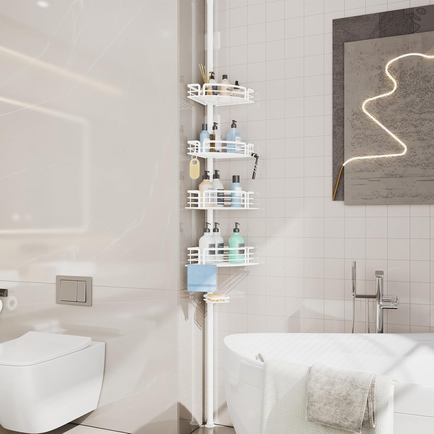 Consumest Corner Shower Caddy Tension Pole - Rustproof With Towel Bar And Soap Holder Adjustable White