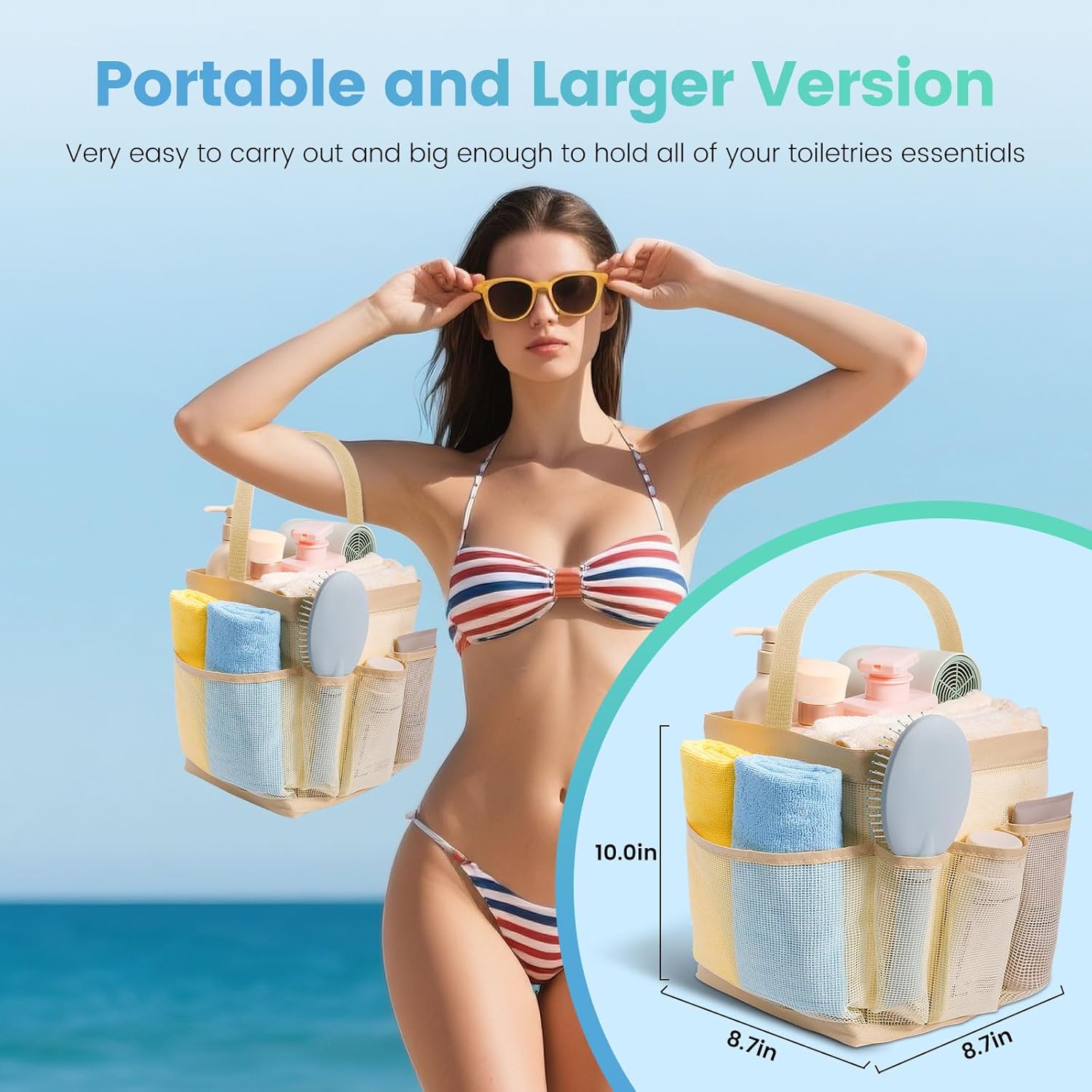 Mesh Shower Caddy with 9 Pockets for Dorm Room and Travel Essentials - Beige