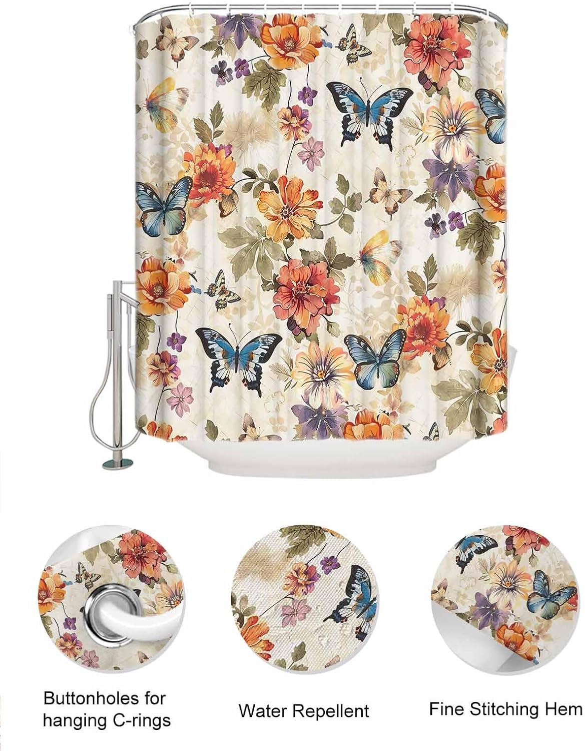 Colorful Floral Leaf Shower Curtain Set with 10 Pockets