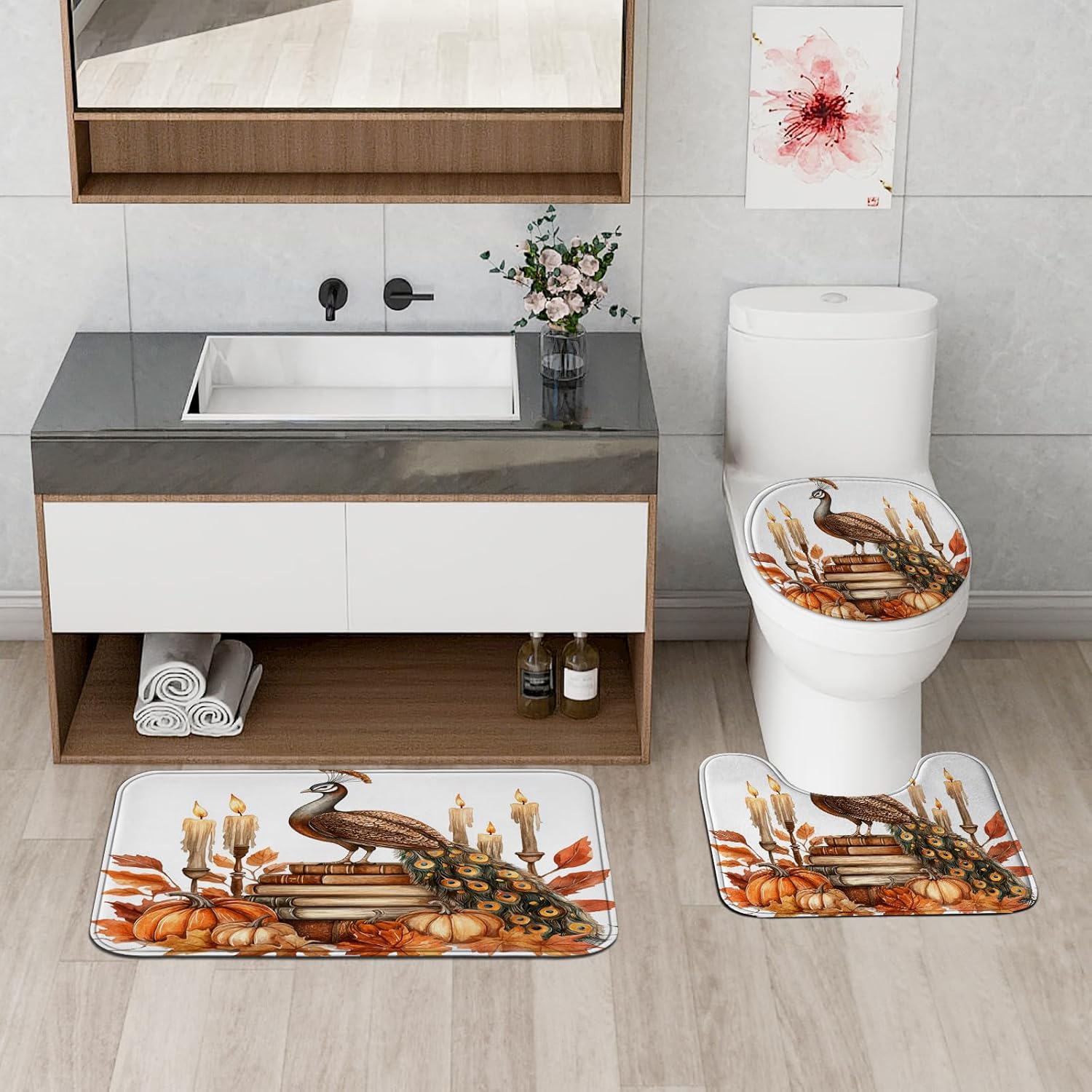 DESIHOM 4PCS Fall Peacock Shower Curtain Set with Hooks Non-Slip Rug and Toilet Lid Cover Mat