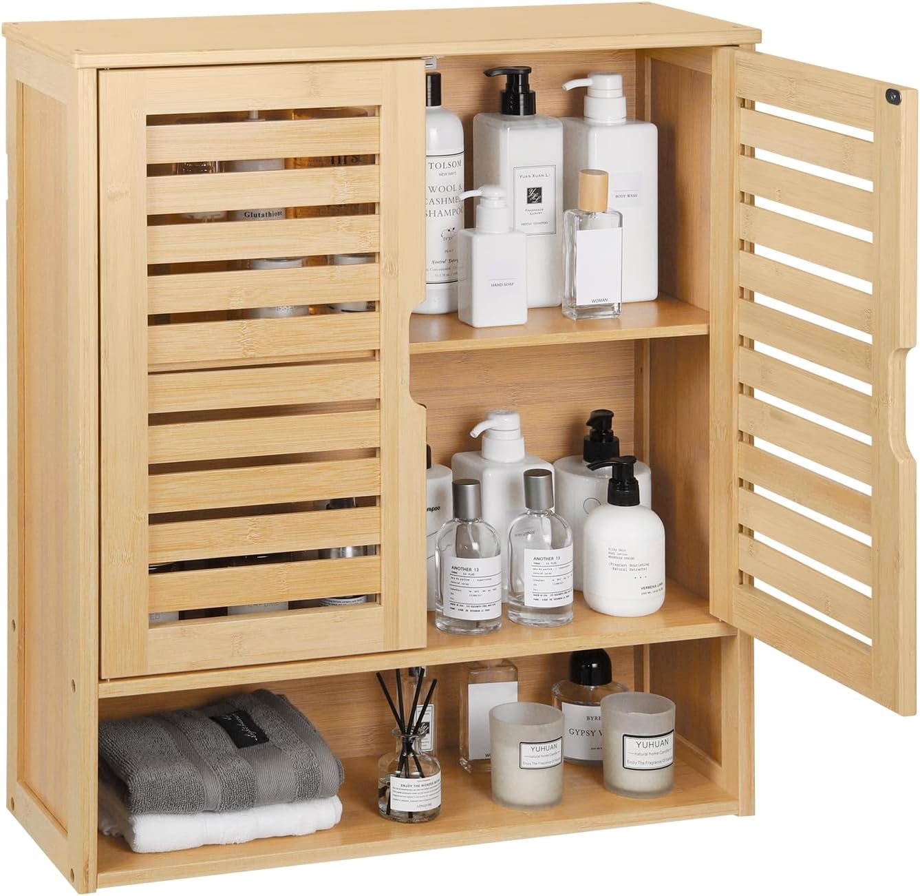 HYNAWIN 2-Tier Bamboo Medicine Cabinet with Adjustable Shelves for Bathroom Kitchen and Living Room