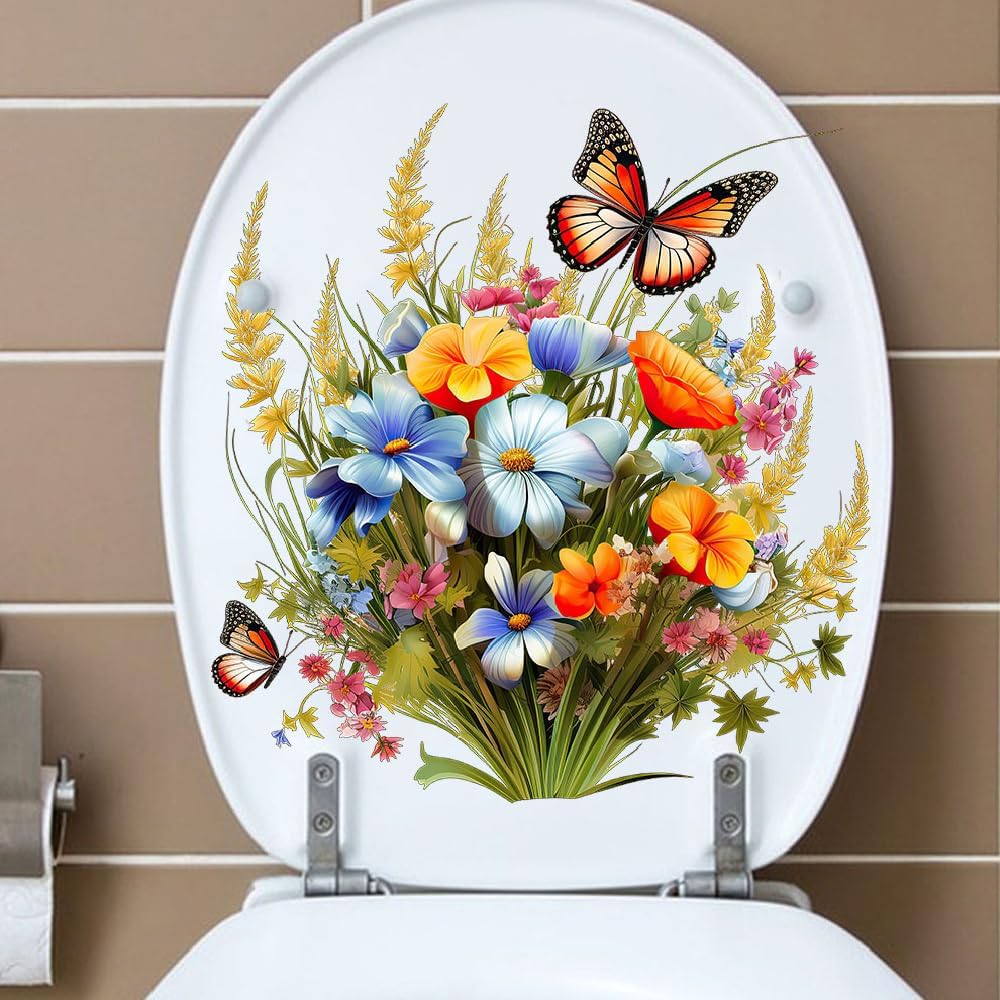 Toilet Stickers Bathroom Wall Decor Flowers Green Plant Butterflies Vinyl Decals
