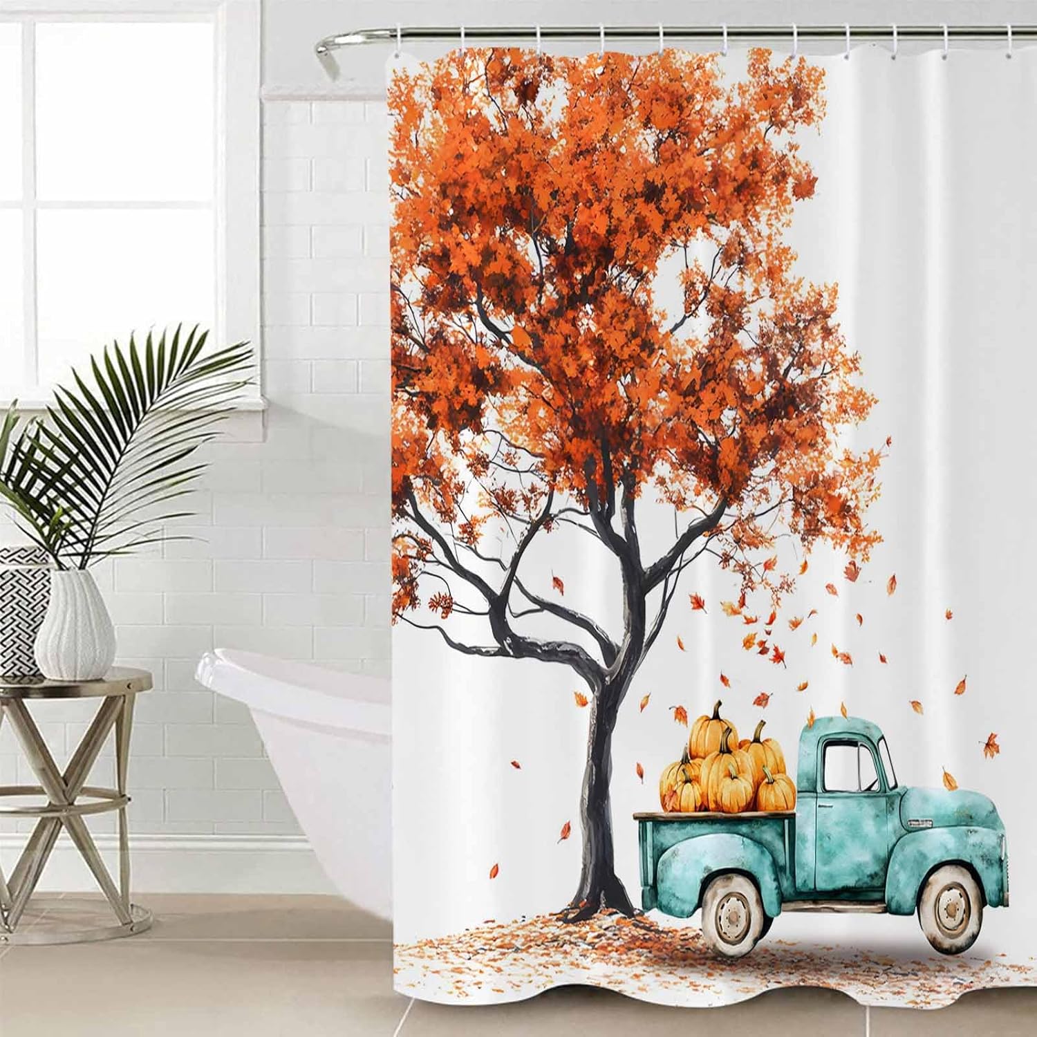 Fall Truck 4 Pcs Waterproof Shower Curtain Set with Non-Slip Rugs and Mats