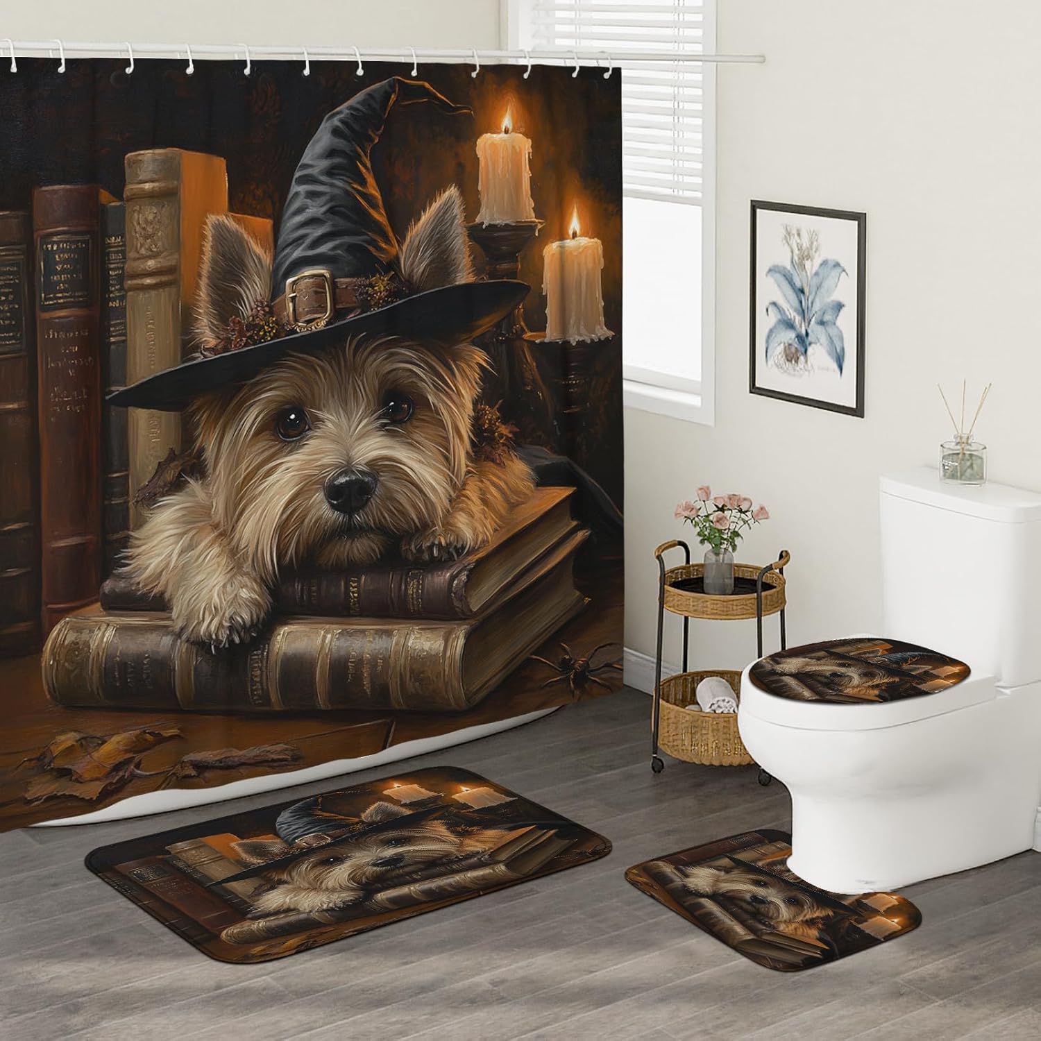 4PCS Halloween Witch Dog Bathroom Set with Non-Slip Rug and U Shape Toilet Cover 1
