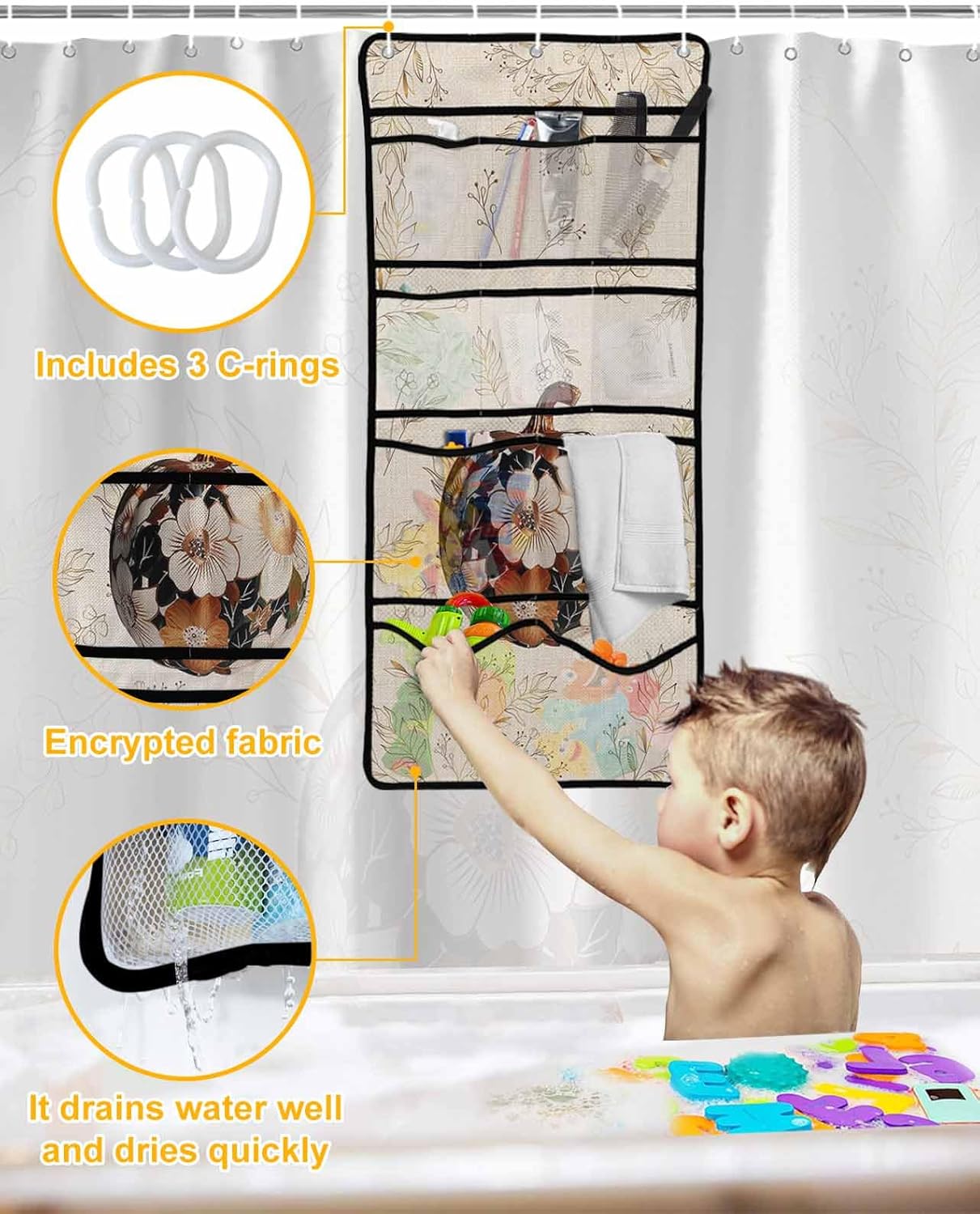 ZFUNCING Vintage Floral Pumpkin Shower Curtain Set with Hooks and Hanging Organizer