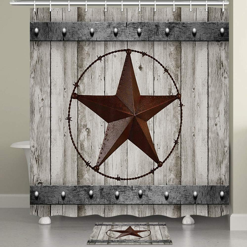 JAWO Rustic Barn Door Shower Curtain Set Southwestern Gray Wood Western Star Bathroom Decor