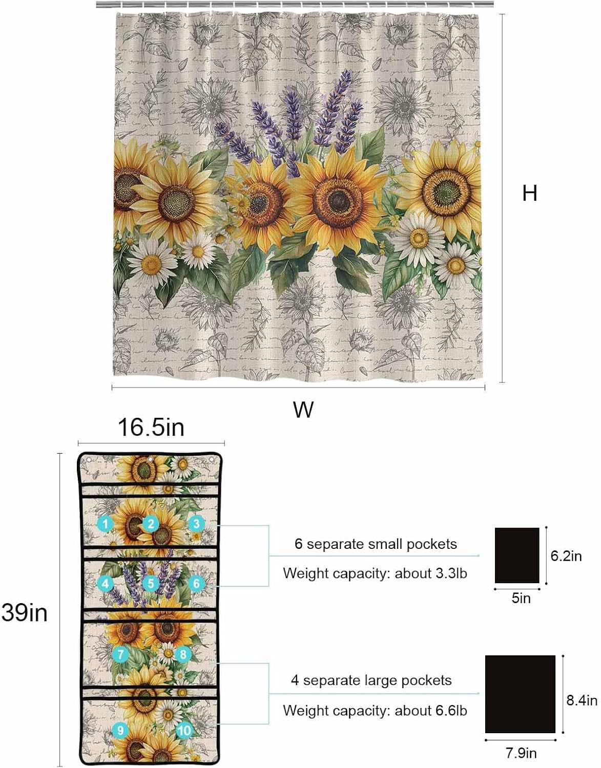 Watercolor Sunflower Lavender Shower Curtain Set with 10 Pockets