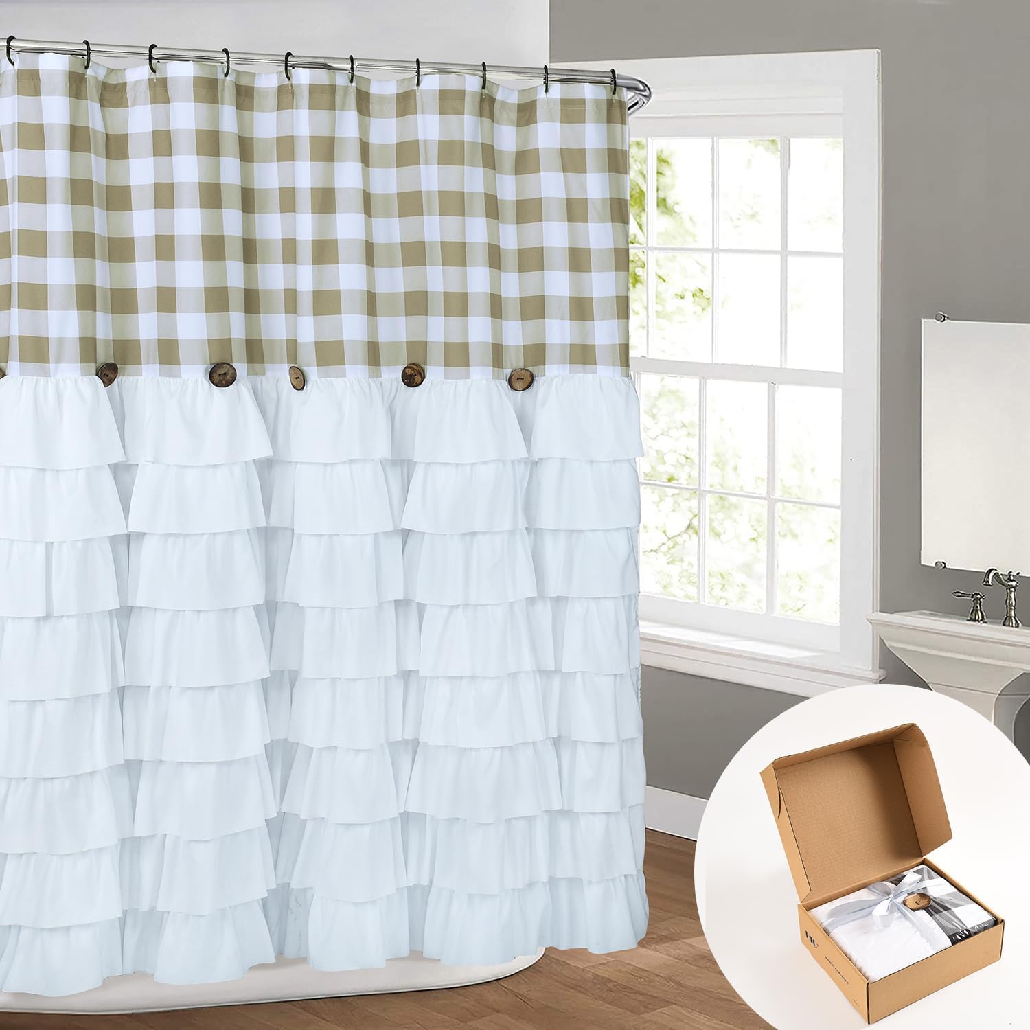72 x 72in Farmhouse Ruffled Shower Curtain with Vintage Buttons