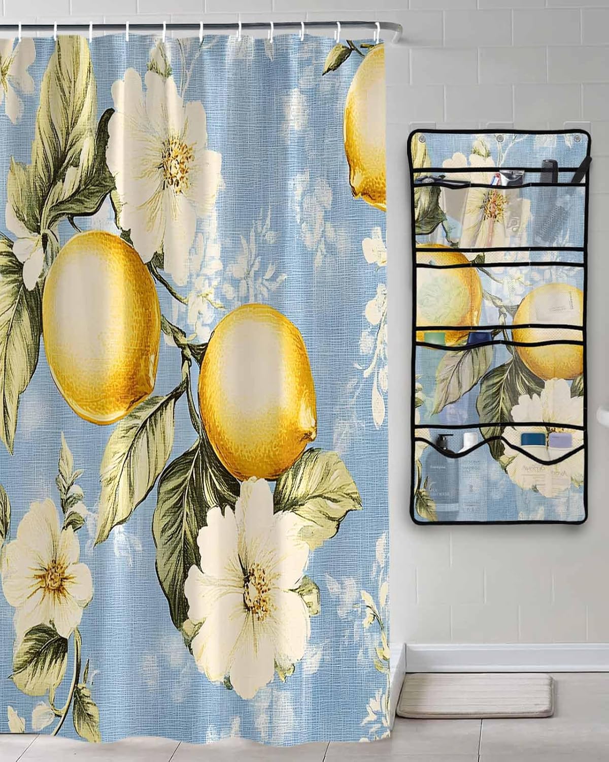 Watercolor Lemon Flower Leaf Shower Curtain Set with 10 Pockets