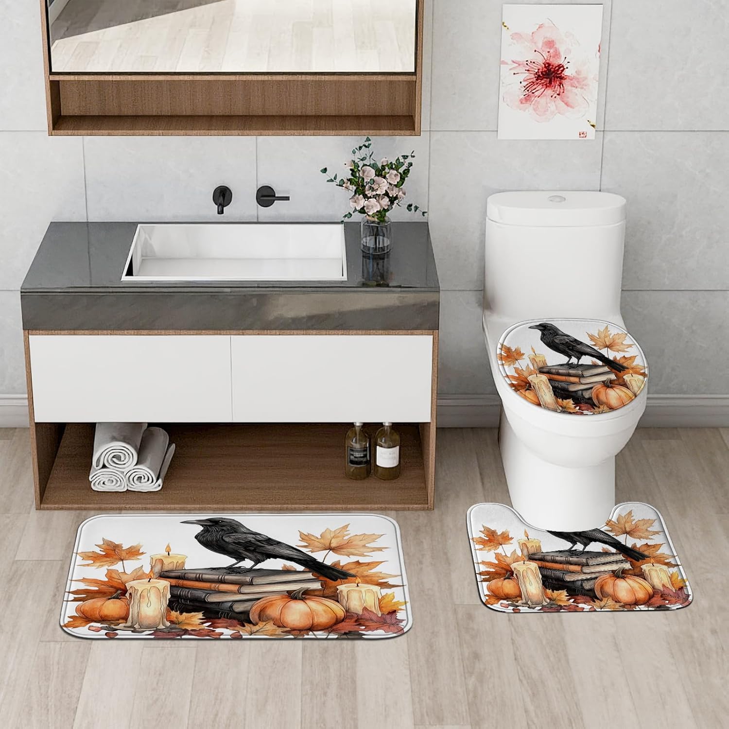 DESIHOM 4PCS Fall Crow Ravens Bird Shower Curtain Set 72x72 with Hooks and Bath Mat Accessories