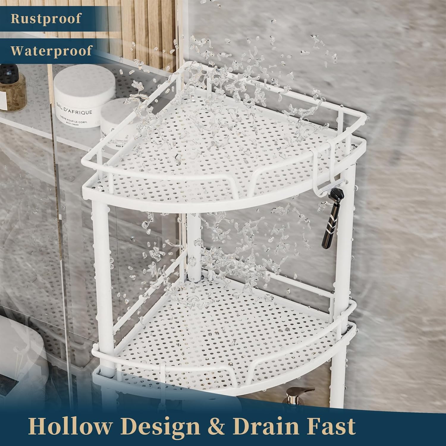 Consumest Corner Shower Caddy Stand - 3 Tier Organizer with Soap Holder and 4 Hooks