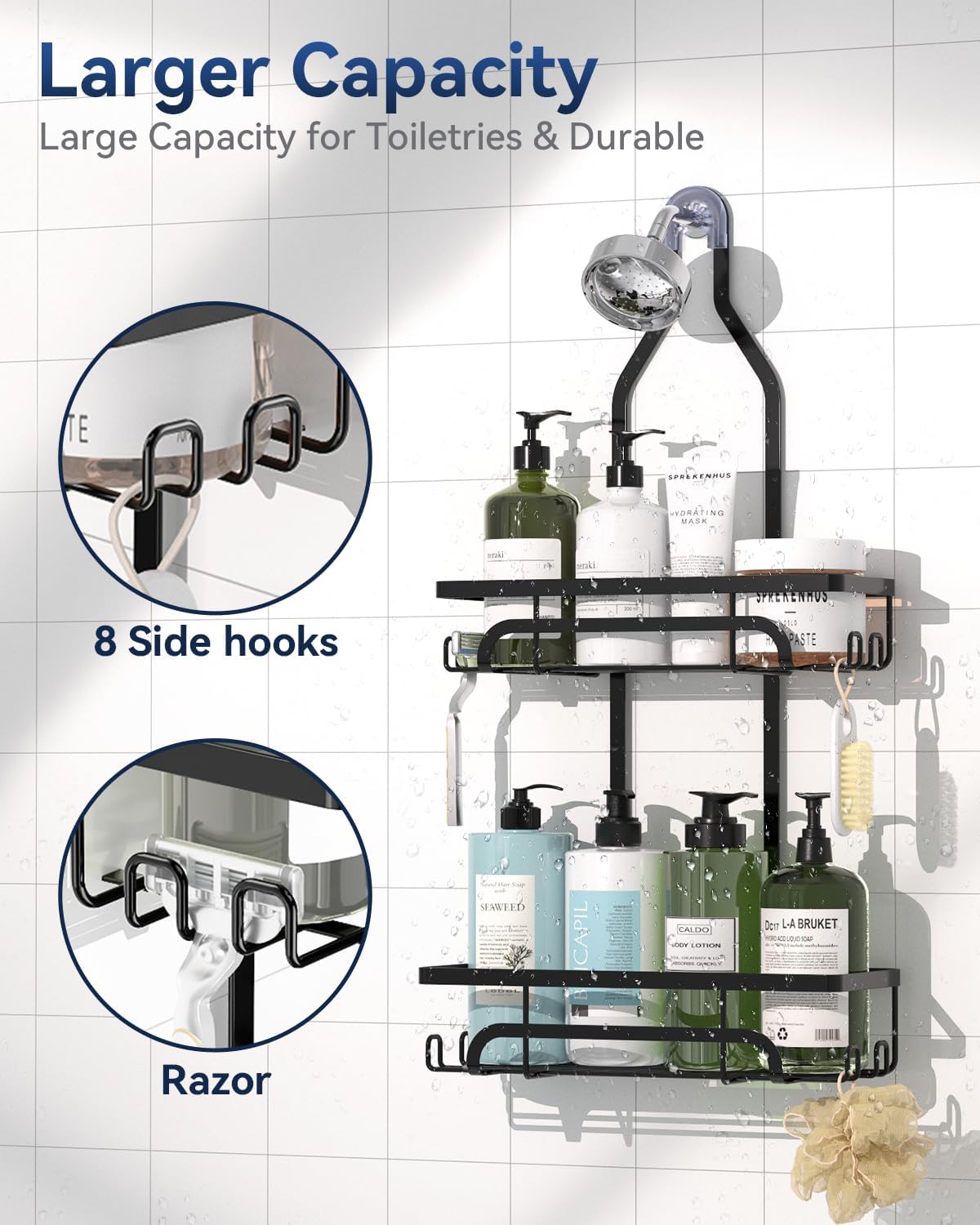 YASONIC Shower Caddy Hanging Organizer with 12 Hooks for Razors and Bath Supplies