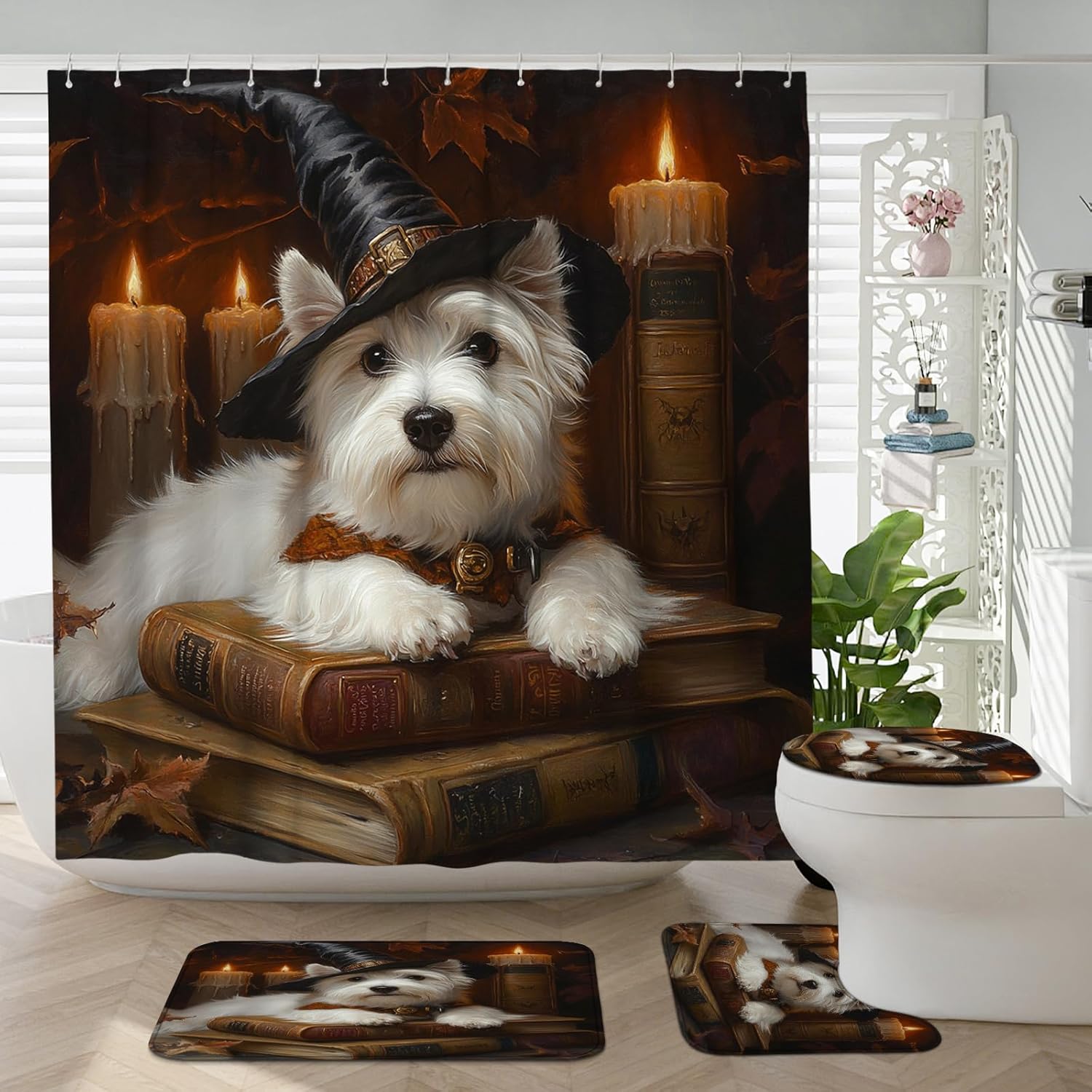 4PCS Halloween Witch Dog Bathroom Set with Non-Slip Rug and U Shape Toilet Lid Cover Mat