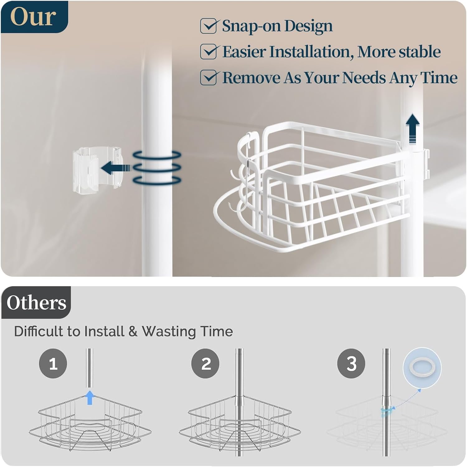 Consumest Corner Shower Caddy Tension Pole - Rustproof With Towel Bar And Soap Holder Adjustable White
