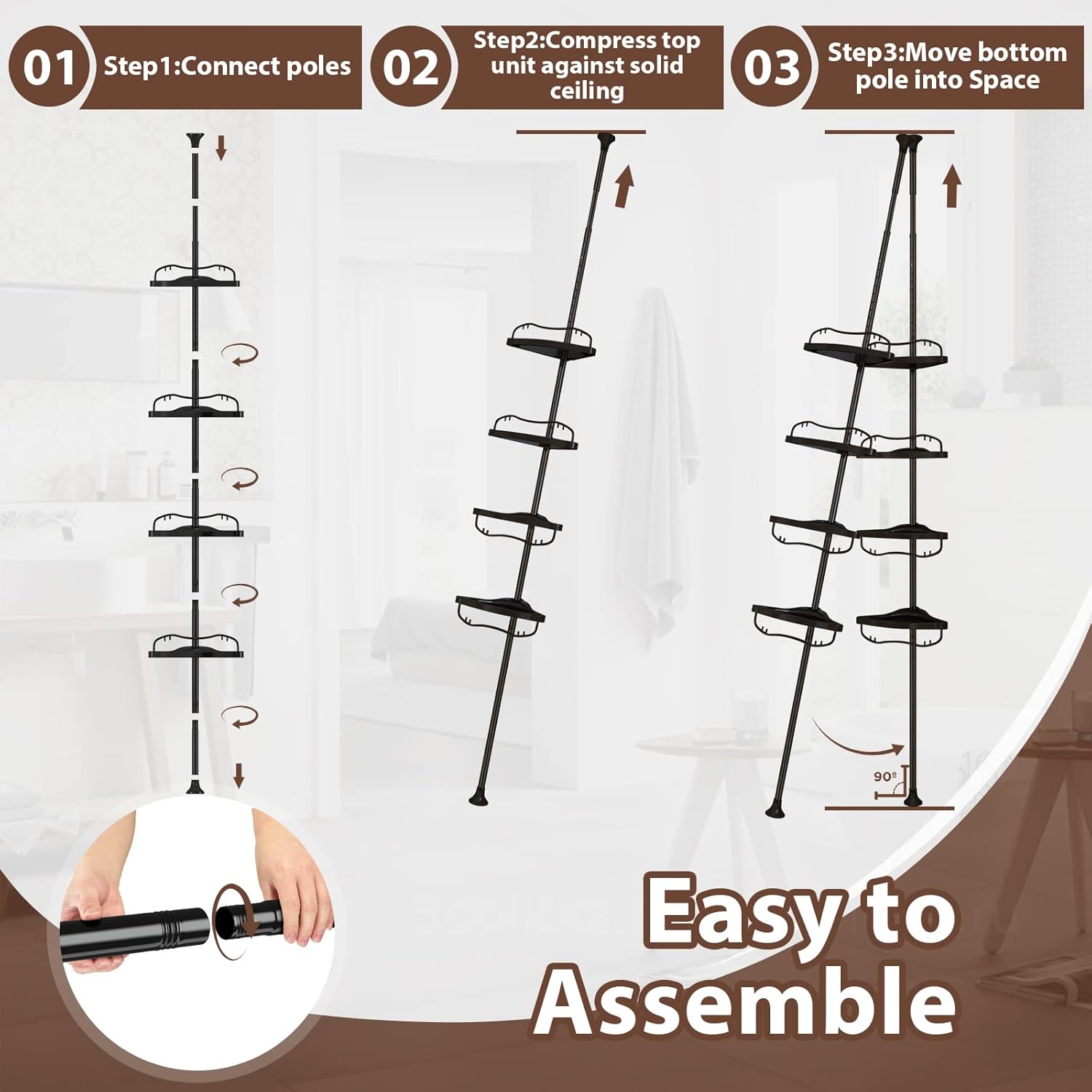 Corner Shower Caddy Tension Pole - 4 Shelves Heavy Duty Floor to Ceiling Organizer Black