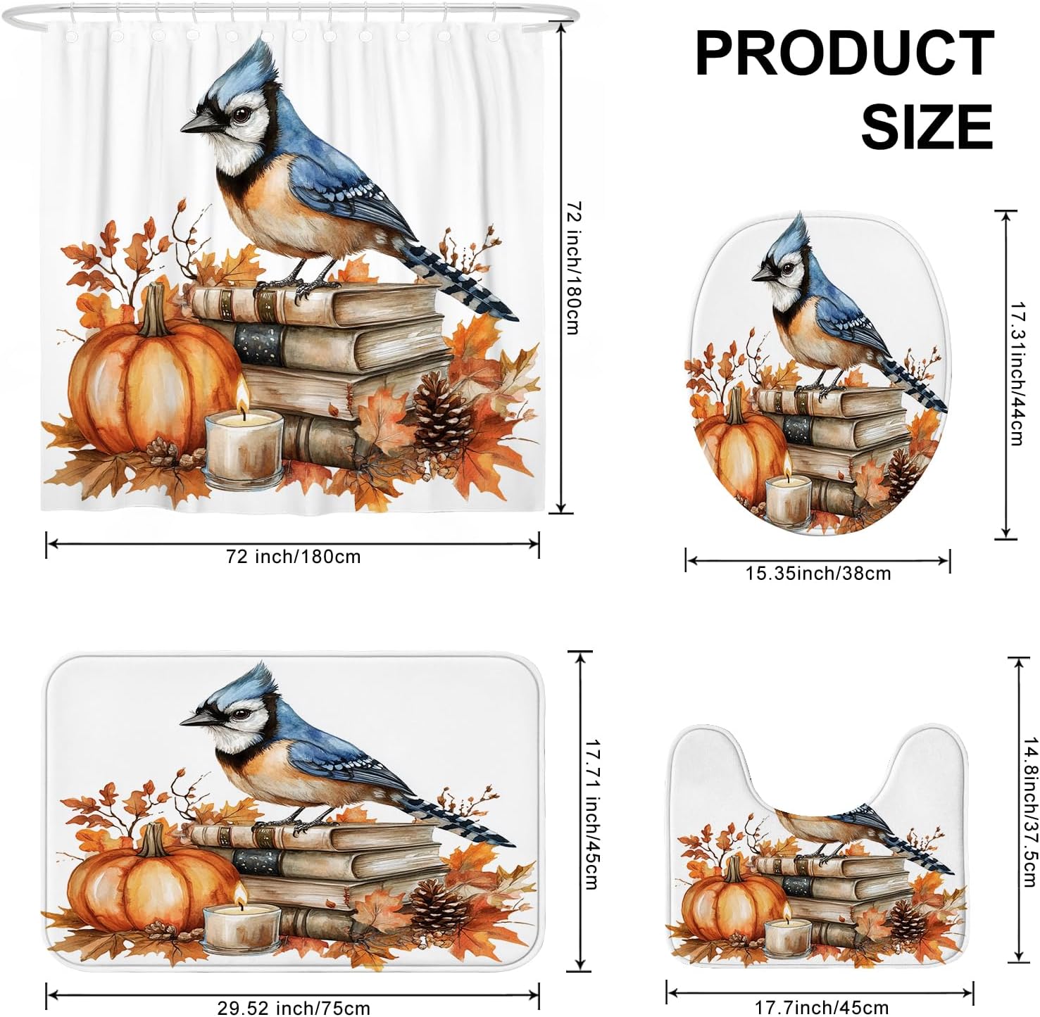 DESIHOM 4PCS Fall Blue Jay Bird Shower Curtain Set with Hooks and Bath Mat