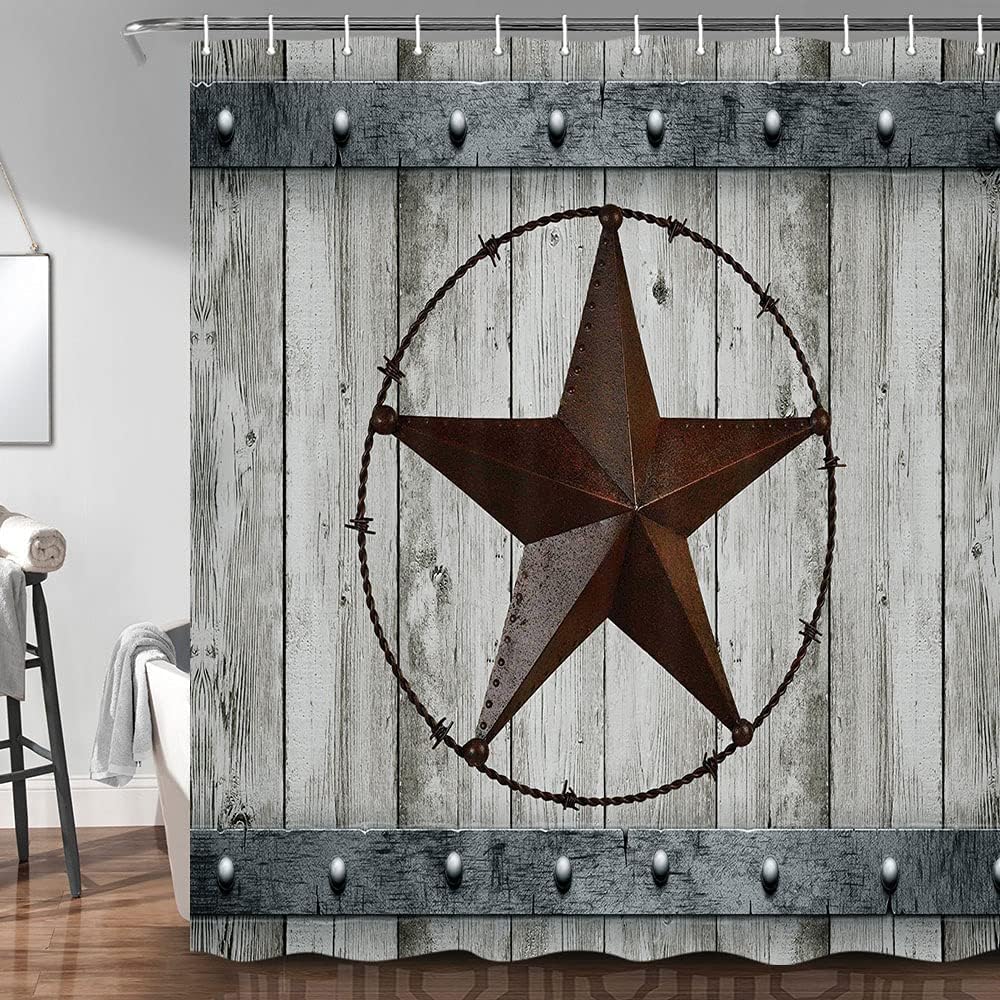 JAWO Rustic Barn Door Shower Curtain Set Southwestern Gray Wood Western Star Bathroom Decor