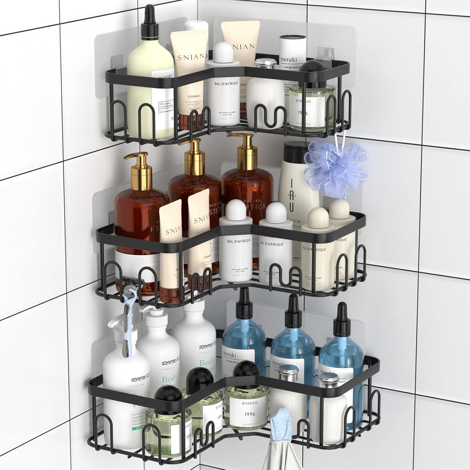 Menbyci 3 Pack Corner Shower Caddy with 18 Hooks and Adhesive
