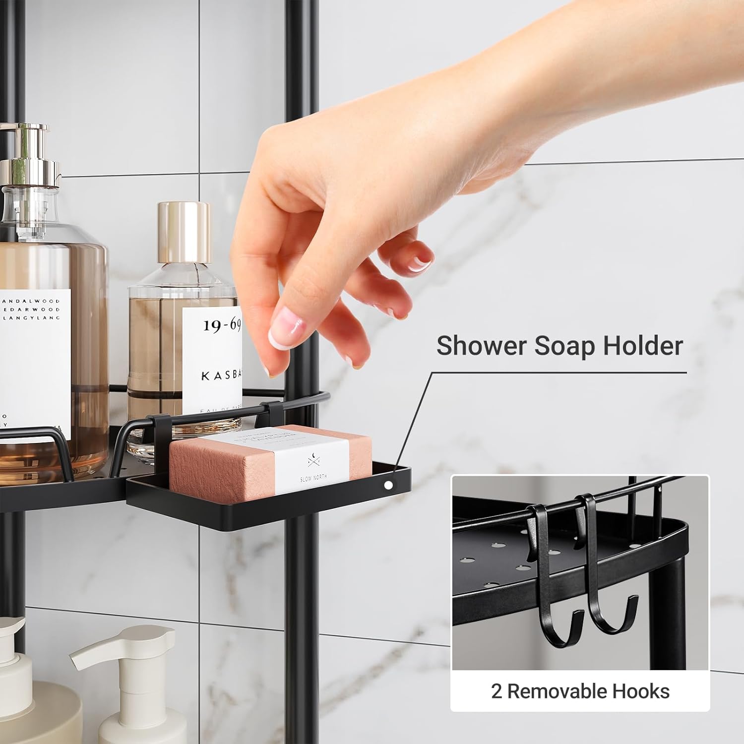 ELYKEN 4 Tier Corner Shower Caddy with Hooks and Soap Holder Black