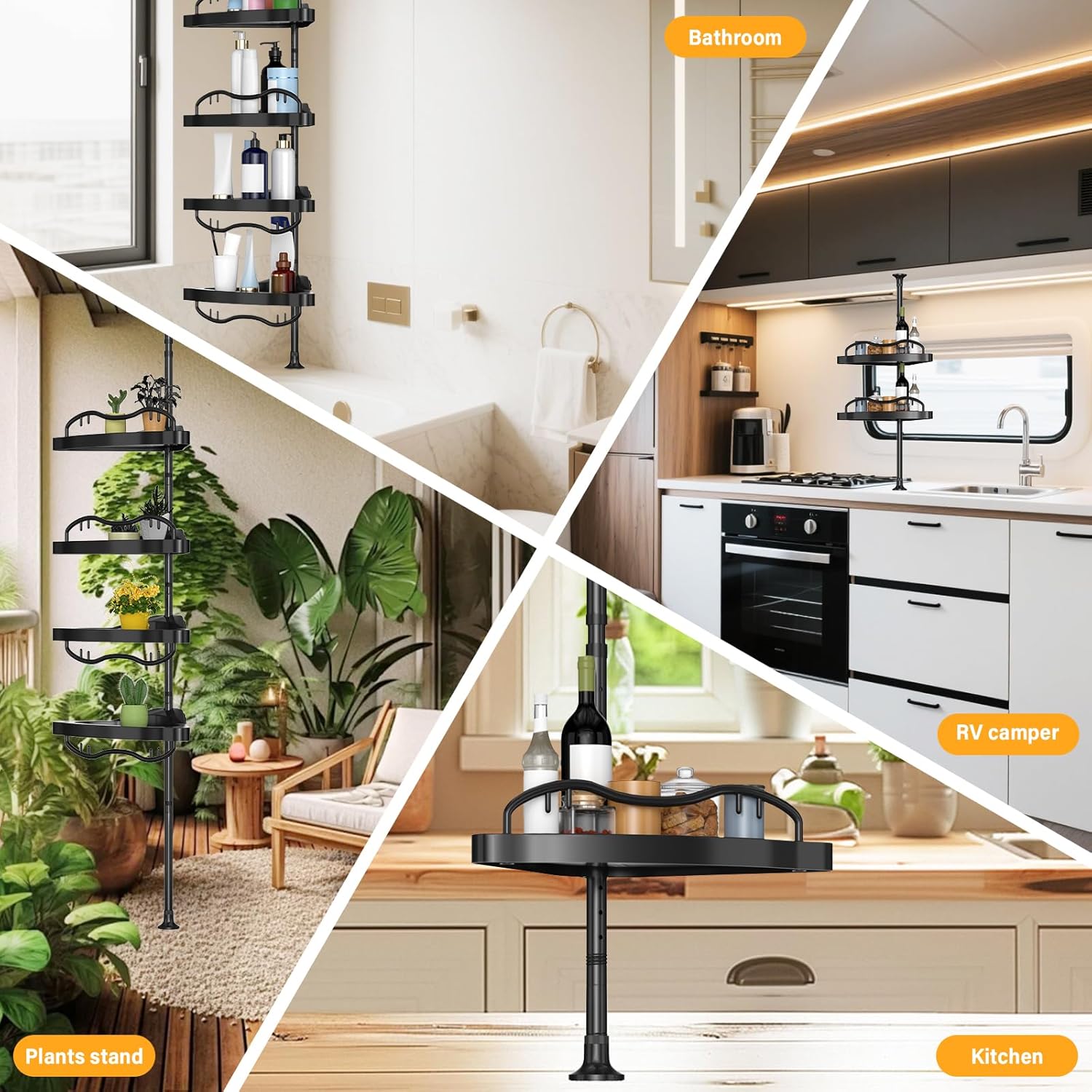 Black Corner Shower Caddy Tension Pole - Heavy Duty Rustproof Stainless Steel Organizer with 4 Adjustable Shelves