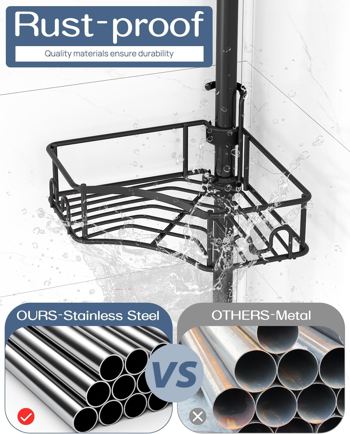 SEIRIONE Corner Shower Caddy Tension Pole 4-Tier Rust-Free Organizer Black