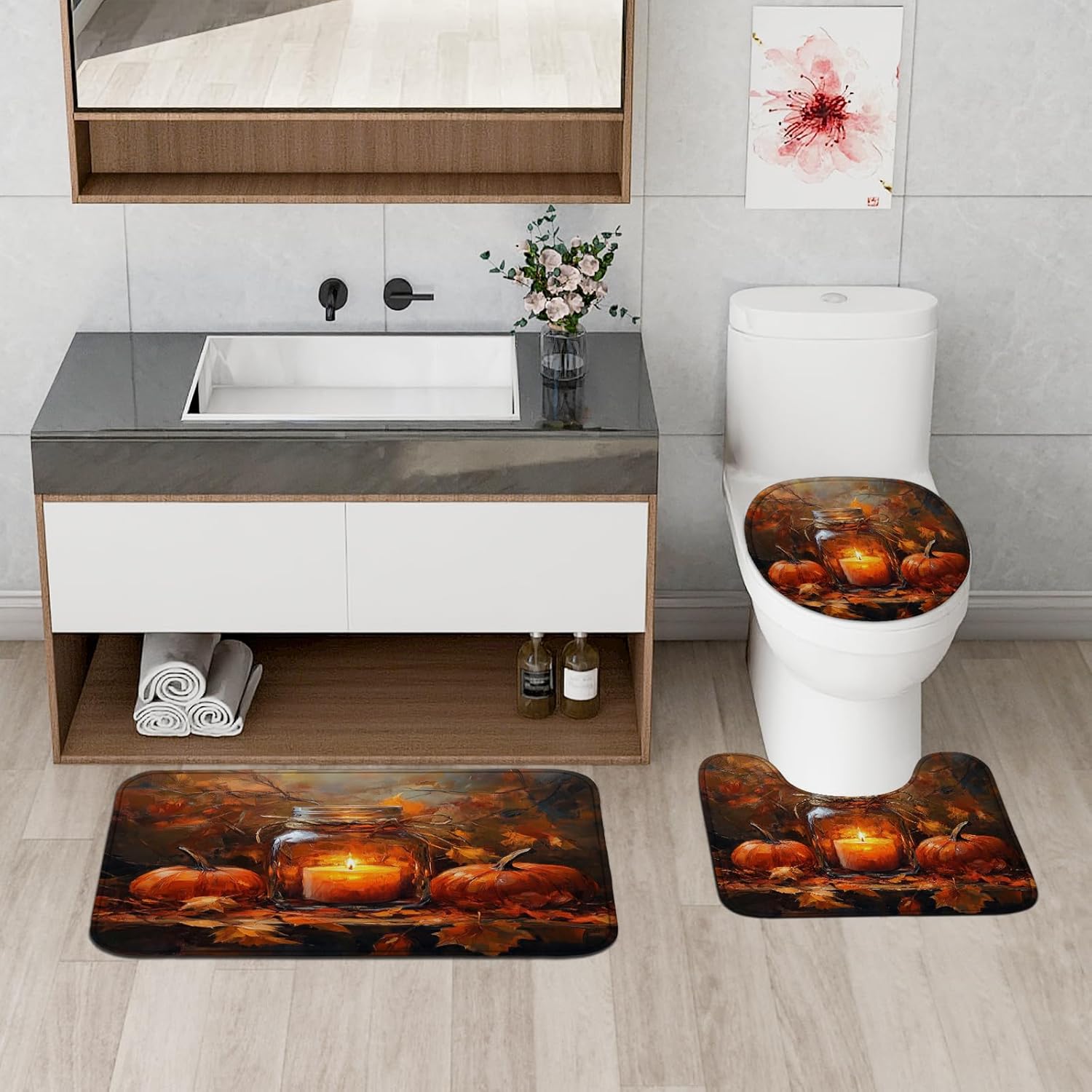 DESIHOM 4PCS Fall Mason Jar Candle Shower Curtain Set with Hooks and Bath Mat