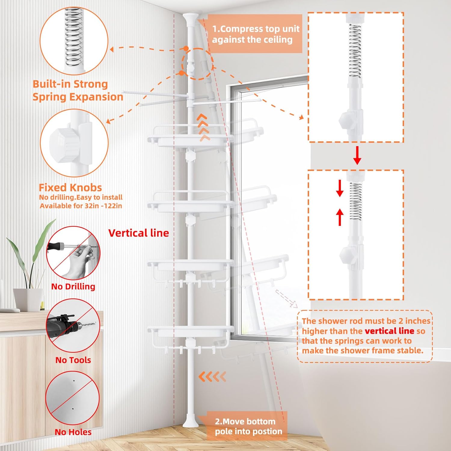 XLHOMO 32-122 Inch Corner Shower Caddy with 4 Tier Shelves