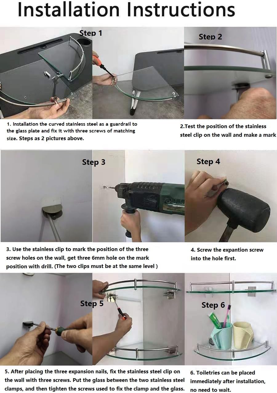 Bathroom Corner Shower Caddy with Tempered Glass and Stainless Steel Rail - Black