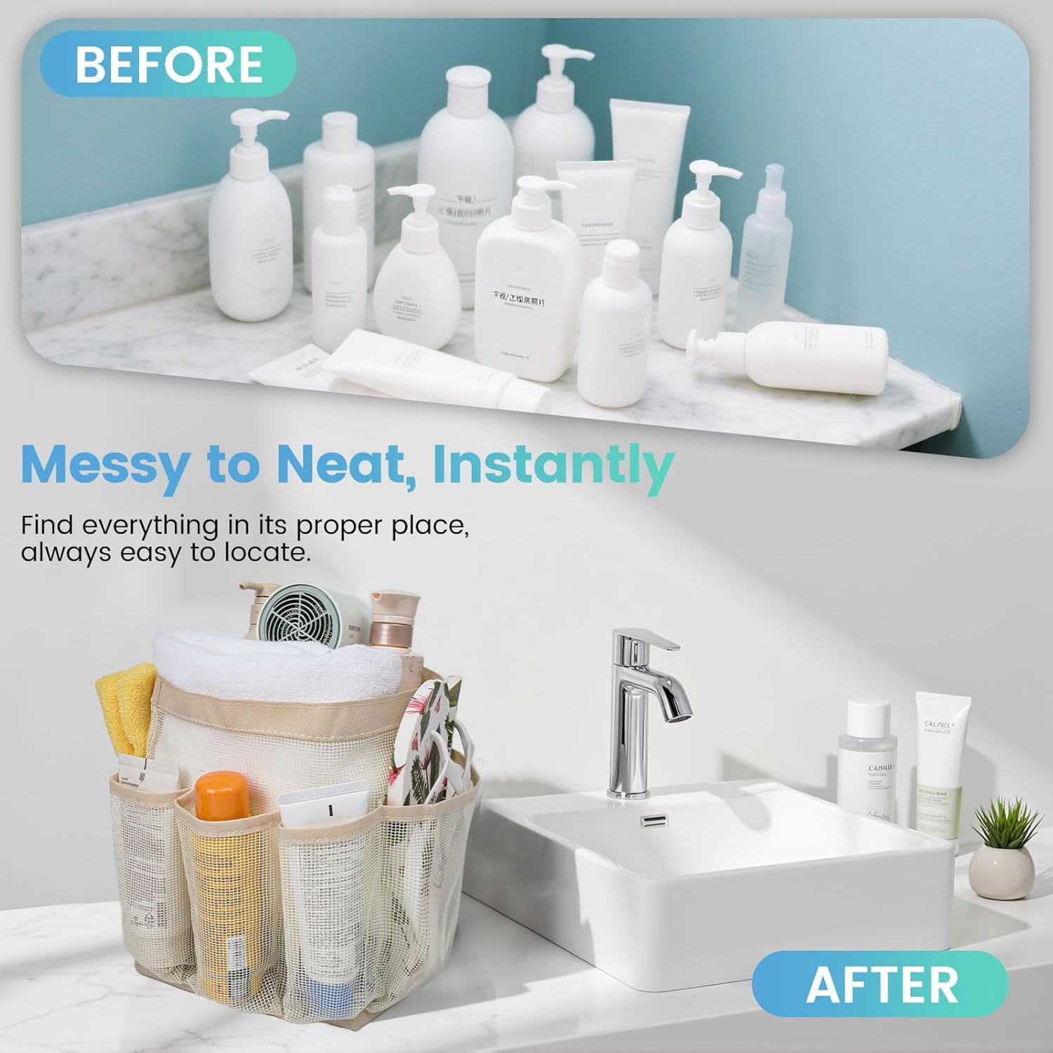 Mesh Shower Caddy with 9 Pockets for Dorm Room and Travel Essentials - Beige