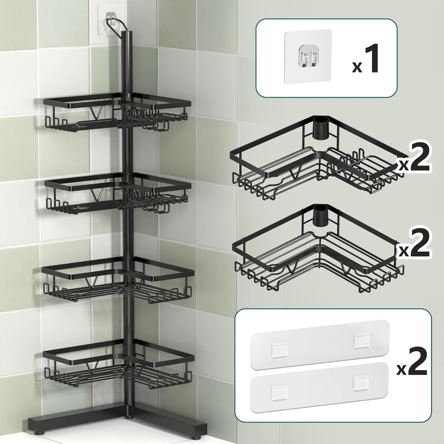 KEGII 4-Tier Floor and Wall Mount Shower Caddy with Hooks and Soap Holder Rustproof Corner Organizer Black