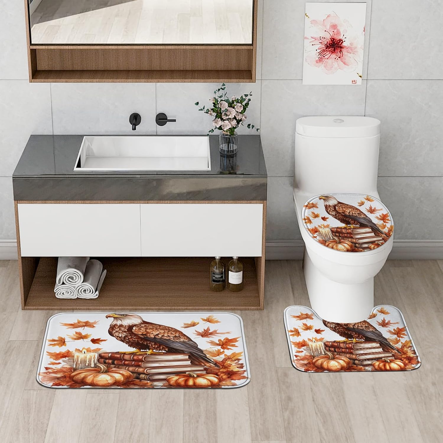 DESIHOM 4PCS Fall Eagle Bird Shower Curtain Set with Non-Slip Rug and 12 Hooks