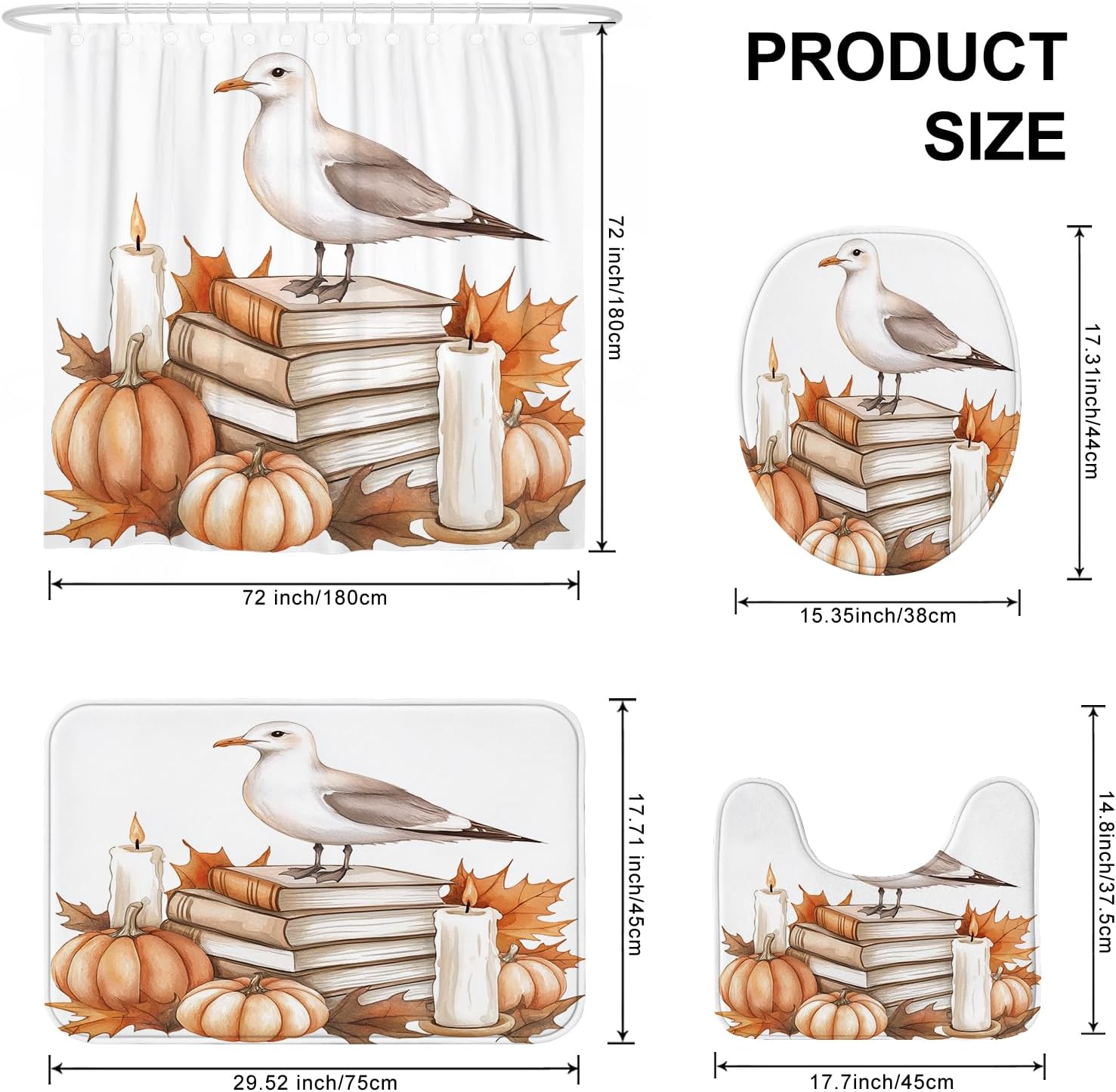 DESIHOM 4PCS Fall Seagull Bird Shower Curtain Set with Hooks and Non-Slip Rug