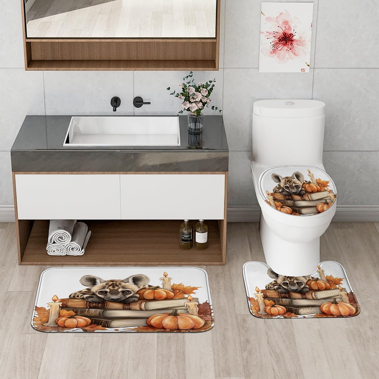 4PCS Fall Striped Hyena Pumpkins Shower Curtain Set with Non-Slip Rug and Toilet Lid Cover Mat